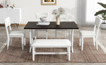 Farmhouse 6 Piece Trestle Dining Table Set With Upholstered Dining Chairs And Bench, 59Inch, White White Wood Dining Room Solid Wood Rubberwood Rectangular Dining Table With Chair And Bench Upholstered Chair Wood White Seats 6 Farmhouse Trestle Foam