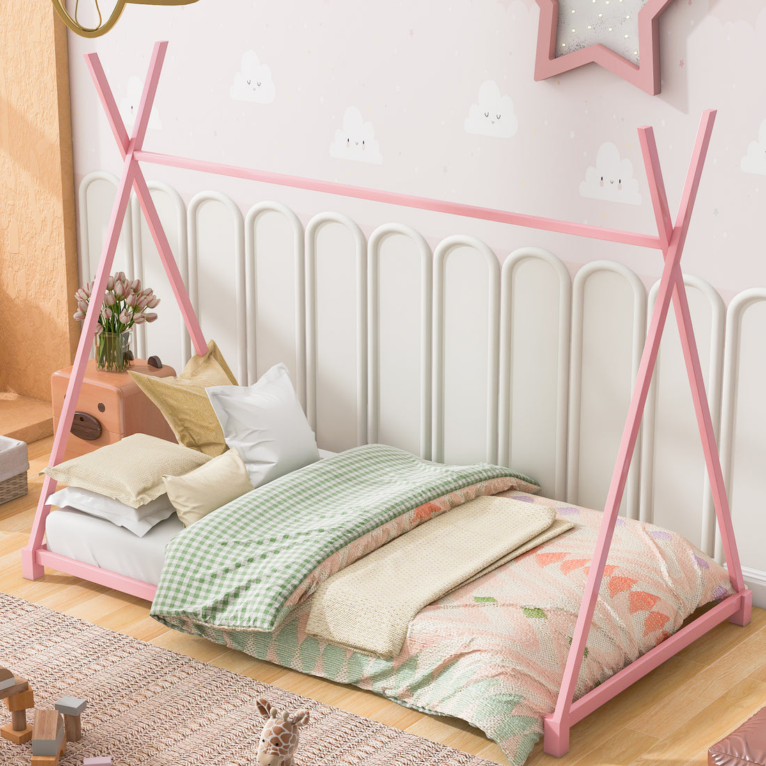 Metal Twin Size House Platform Bed With Triangle Structure, Pink Pink Metal