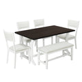 Farmhouse 6 Piece Trestle Dining Table Set With Upholstered Dining Chairs And Bench, 59Inch, White White Wood Dining Room Solid Wood Rubberwood Rectangular Dining Table With Chair And Bench Upholstered Chair Wood White Seats 6 Farmhouse Trestle Foam