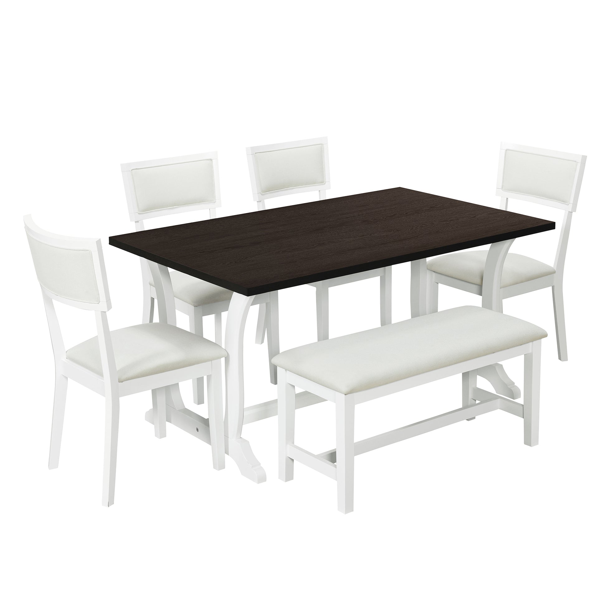 Farmhouse 6 Piece Trestle Dining Table Set With Upholstered Dining Chairs And Bench, 59Inch, White White Wood Dining Room Solid Wood Rubberwood Rectangular Dining Table With Chair And Bench Upholstered Chair Wood White Seats 6 Farmhouse Trestle Foam