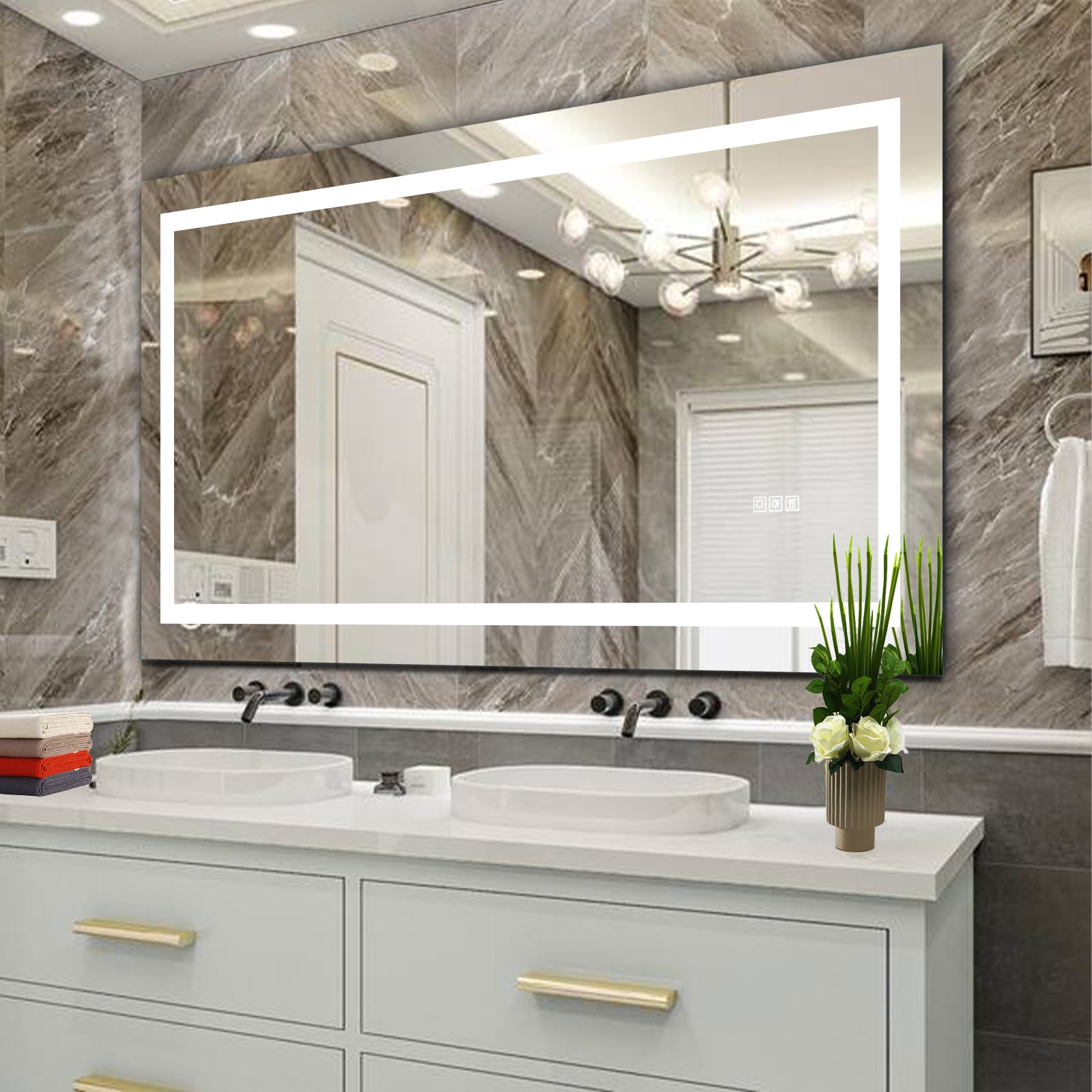 Led Bathroom Mirror 60X 32 Inch With Lights, Anti Fog & Dimming Led Bathroom Vanity Mirror Transparent Glass