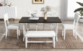 Farmhouse 6 Piece Trestle Dining Table Set With Upholstered Dining Chairs And Bench, 59Inch, White White Wood Dining Room Solid Wood Rubberwood Rectangular Dining Table With Chair And Bench Upholstered Chair Wood White Seats 6 Farmhouse Trestle Foam