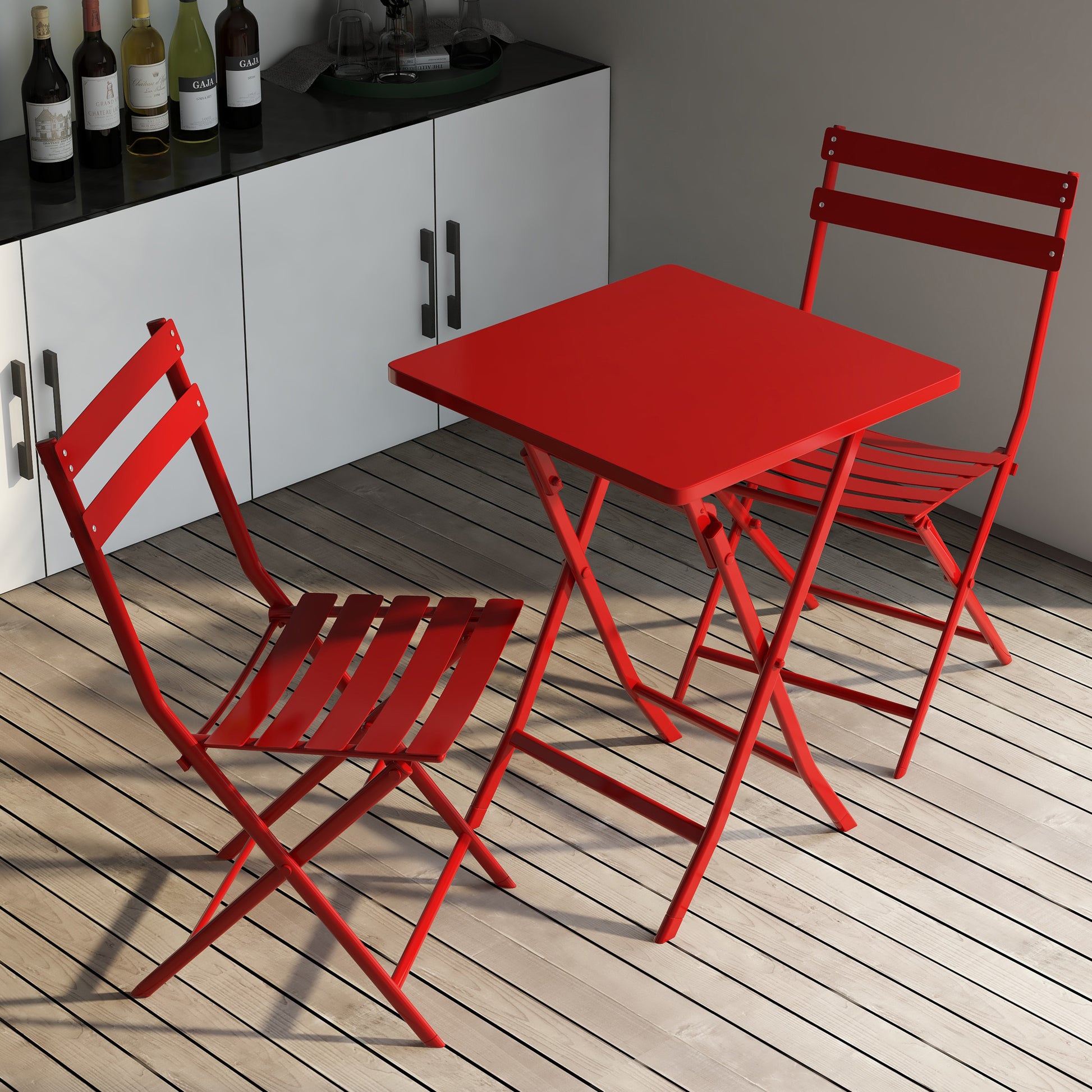 3 Piece Patio Bistro Set Of Foldable Square Table And Chairs, Red No Red Metal