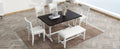 Farmhouse 6 Piece Trestle Dining Table Set With Upholstered Dining Chairs And Bench, 59Inch, White White Wood Dining Room Solid Wood Rubberwood Rectangular Dining Table With Chair And Bench Upholstered Chair Wood White Seats 6 Farmhouse Trestle Foam