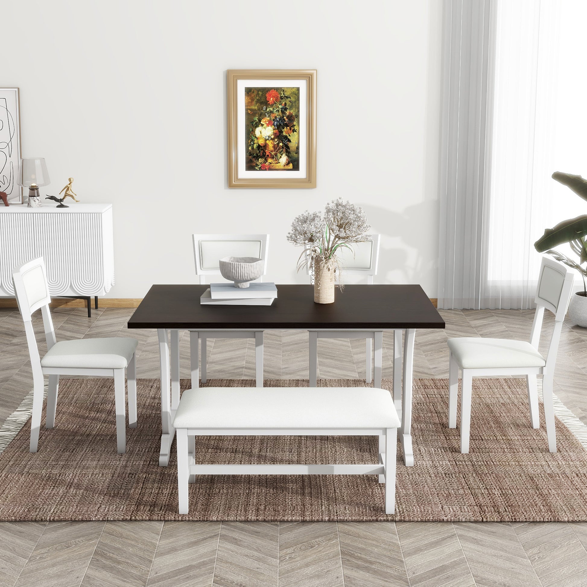 Farmhouse 6 Piece Trestle Dining Table Set With Upholstered Dining Chairs And Bench, 59Inch, White White Wood Dining Room Solid Wood Rubberwood Rectangular Dining Table With Chair And Bench Upholstered Chair Wood White Seats 6 Farmhouse Trestle Foam