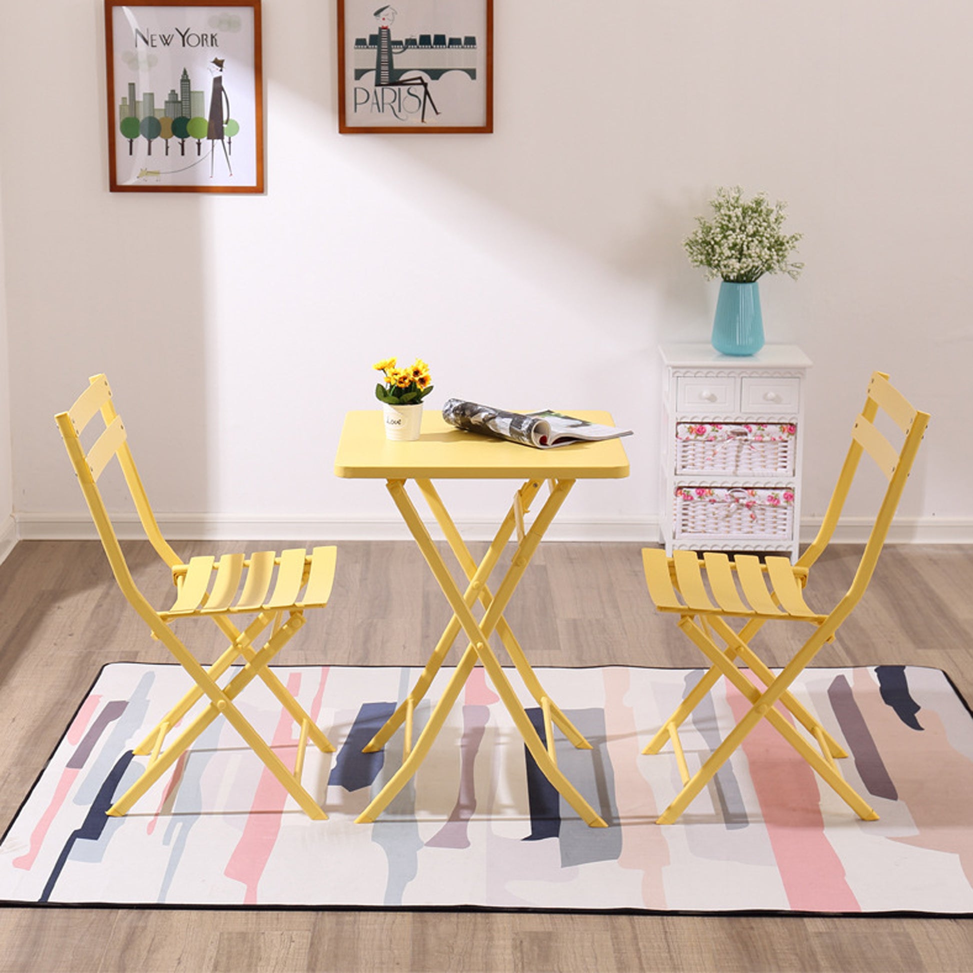 3 Piece Patio Bistro Set Of Foldable Square Table And Chairs, Yellow No Yellow Metal