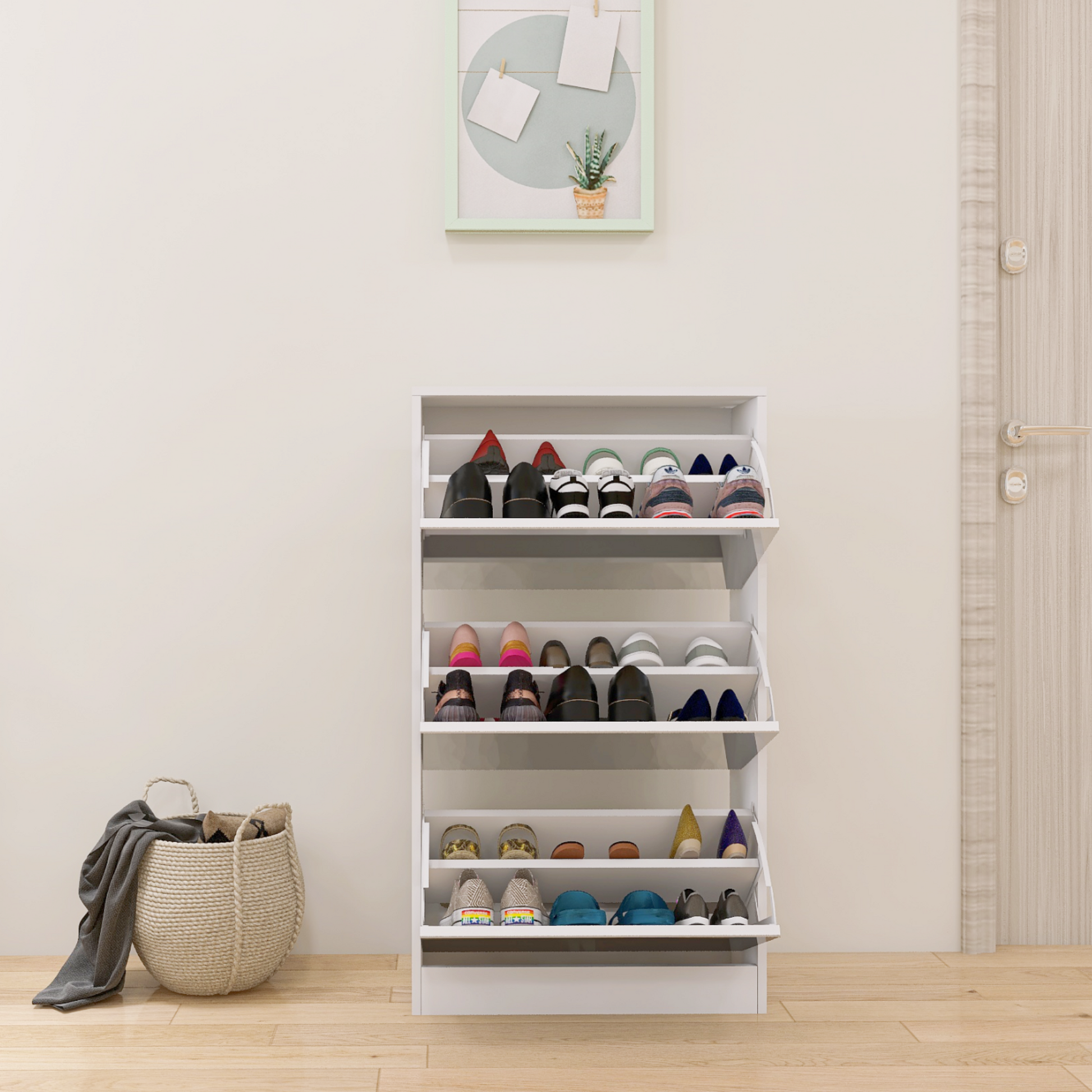 Narrow Shoe Storage Cabinet With Mirror, Wood Slim Shoe Rack 3 Tier Shoe Organizer For Home And Apartment, White Standard 3 4 Drawers Matte White Primary Living Space Mirrored Back American Design,American Traditional,Antique,Art Deco,Artsy Mdf Glass