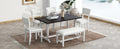 Farmhouse 6 Piece Trestle Dining Table Set With Upholstered Dining Chairs And Bench, 59Inch, White White Wood Dining Room Solid Wood Rubberwood Rectangular Dining Table With Chair And Bench Upholstered Chair Wood White Seats 6 Farmhouse Trestle Foam