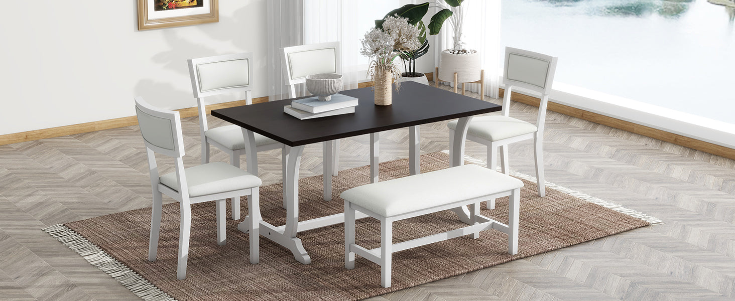 Farmhouse 6 Piece Trestle Dining Table Set With Upholstered Dining Chairs And Bench, 59Inch, White White Wood Dining Room Solid Wood Rubberwood Rectangular Dining Table With Chair And Bench Upholstered Chair Wood White Seats 6 Farmhouse Trestle Foam