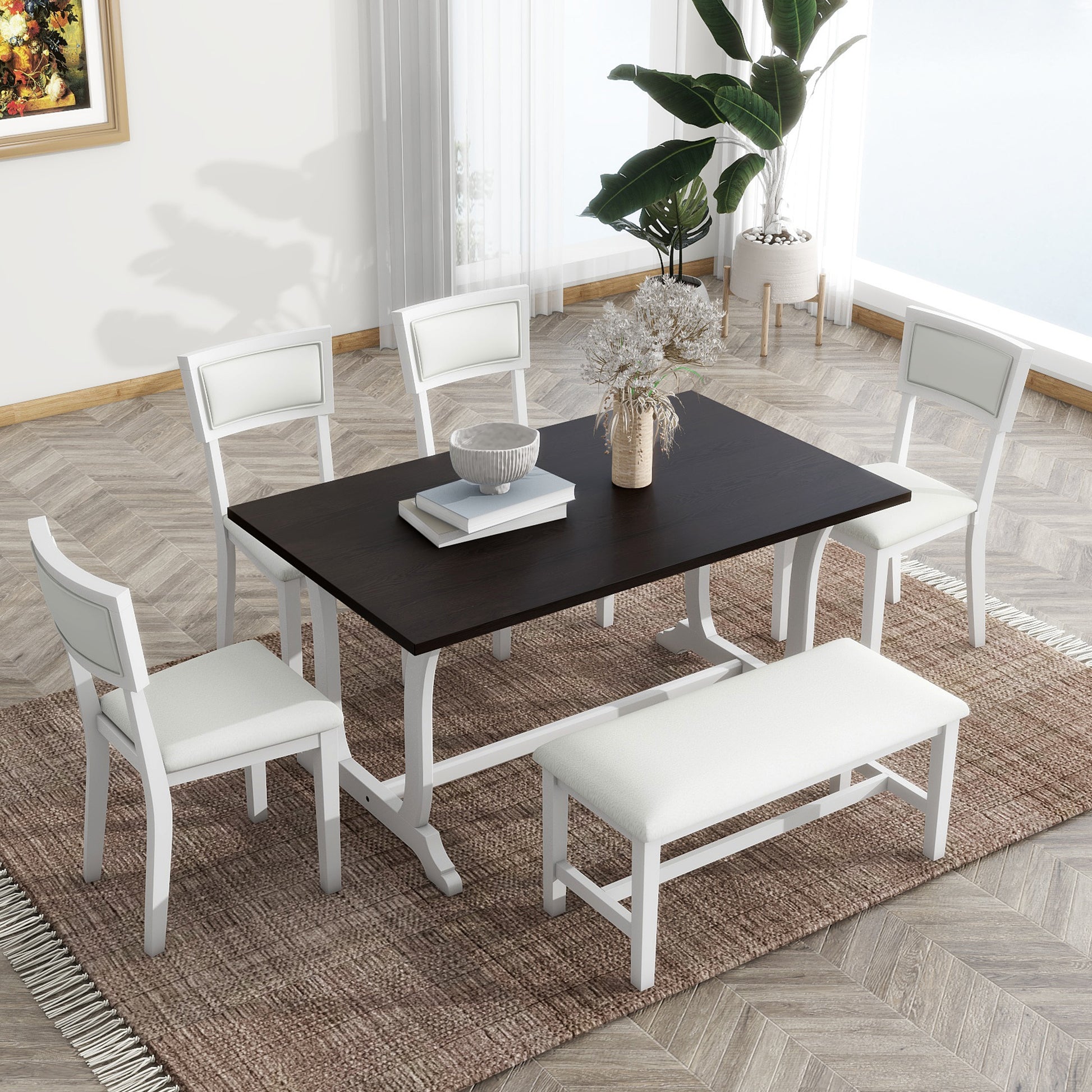 Farmhouse 6 Piece Trestle Dining Table Set With Upholstered Dining Chairs And Bench, 59Inch, White White Wood Dining Room Solid Wood Rubberwood Rectangular Dining Table With Chair And Bench Upholstered Chair Wood White Seats 6 Farmhouse Trestle Foam
