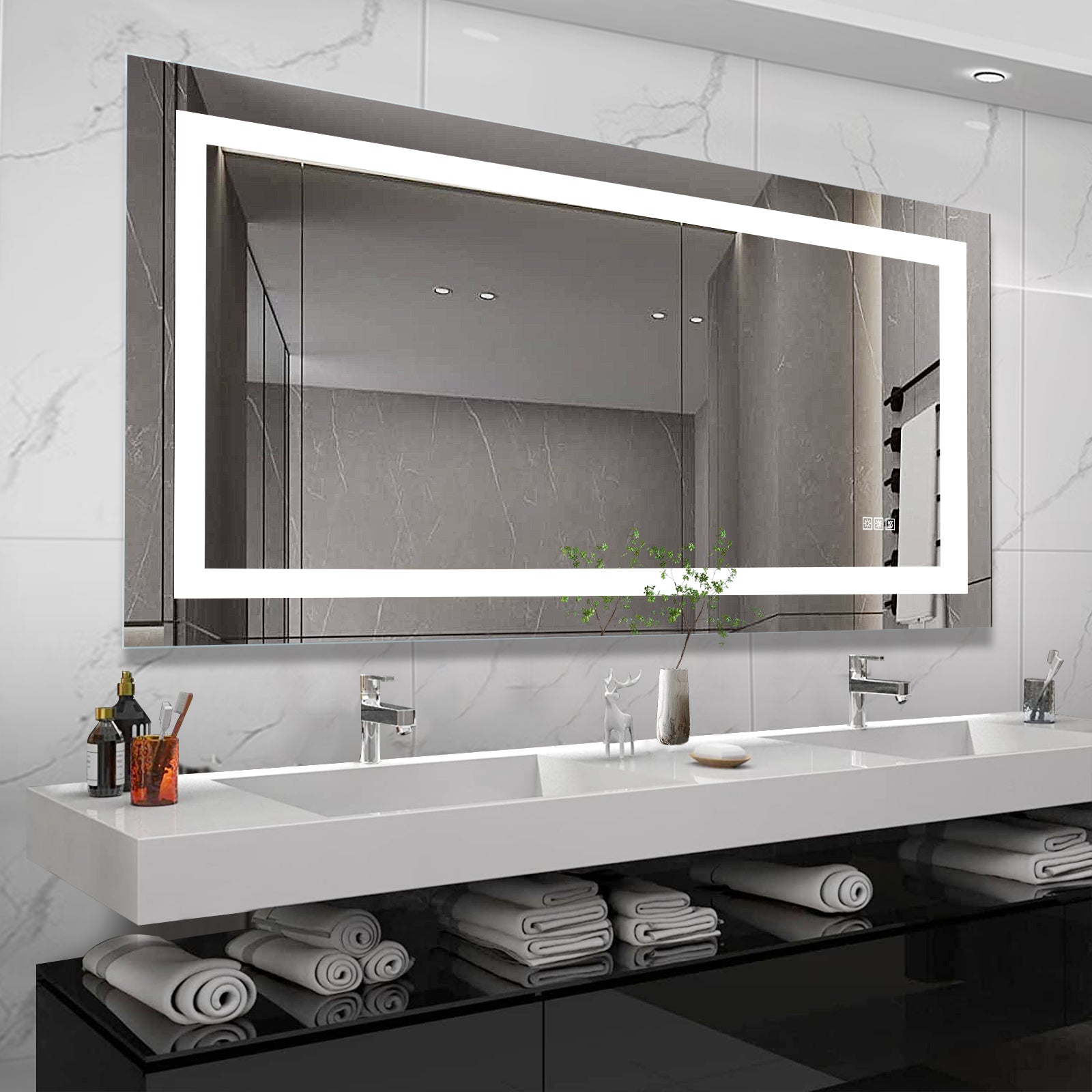 Led Bathroom Mirror 72X36 Inch With Lights, Anti Fog & Dimming Led Bathroom Vanity Mirror Transparent Glass