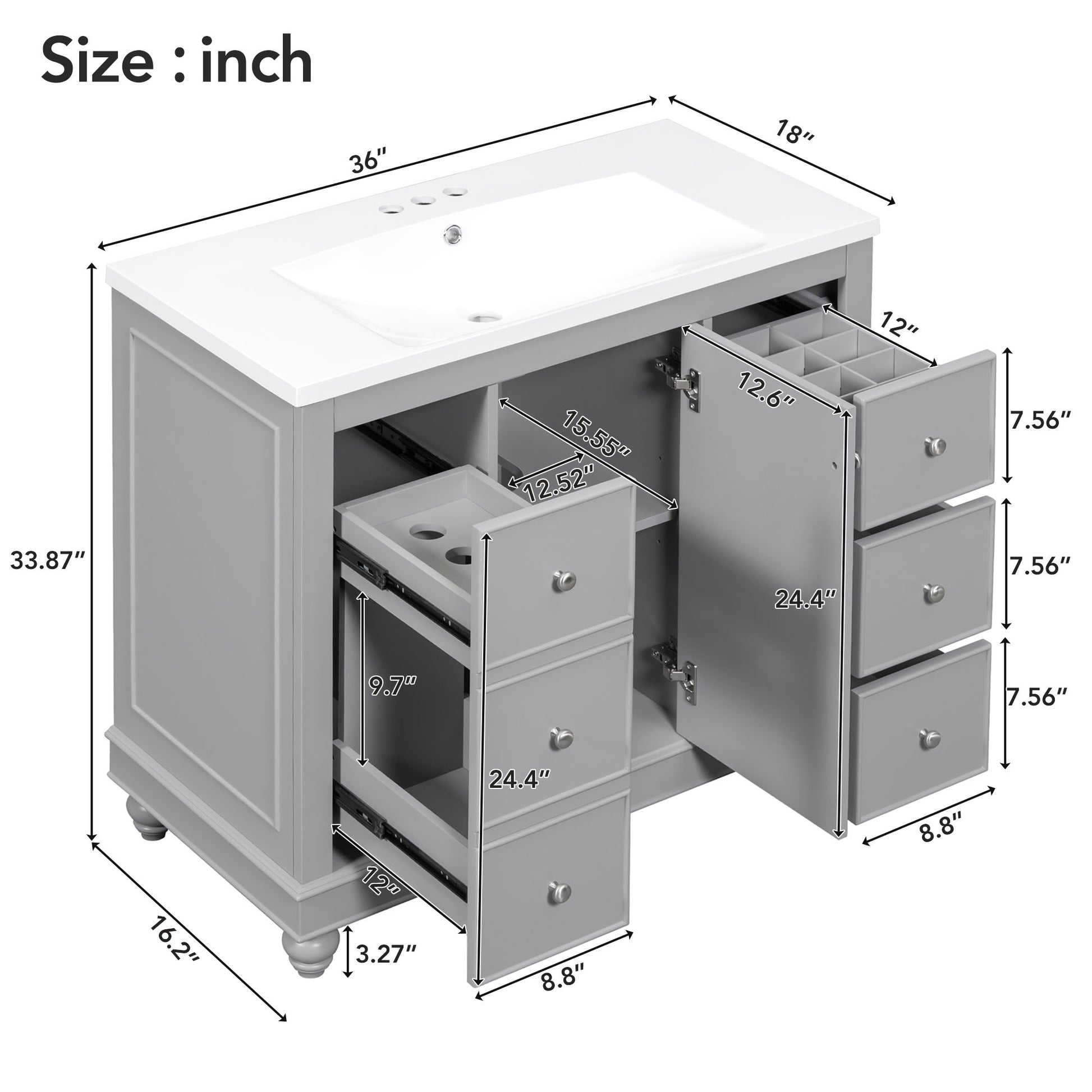 Contemporary Gray Bathroom Vanity Cabinet 36X18X34 Inches, 4 Drawers & 1 Cabinet Door, Multipurpose Storage, Resin Integrated Sink, Adjustable Shelves, Solid Wood Frame With Mdf Gray Modern Solid Wood Mdf Resin