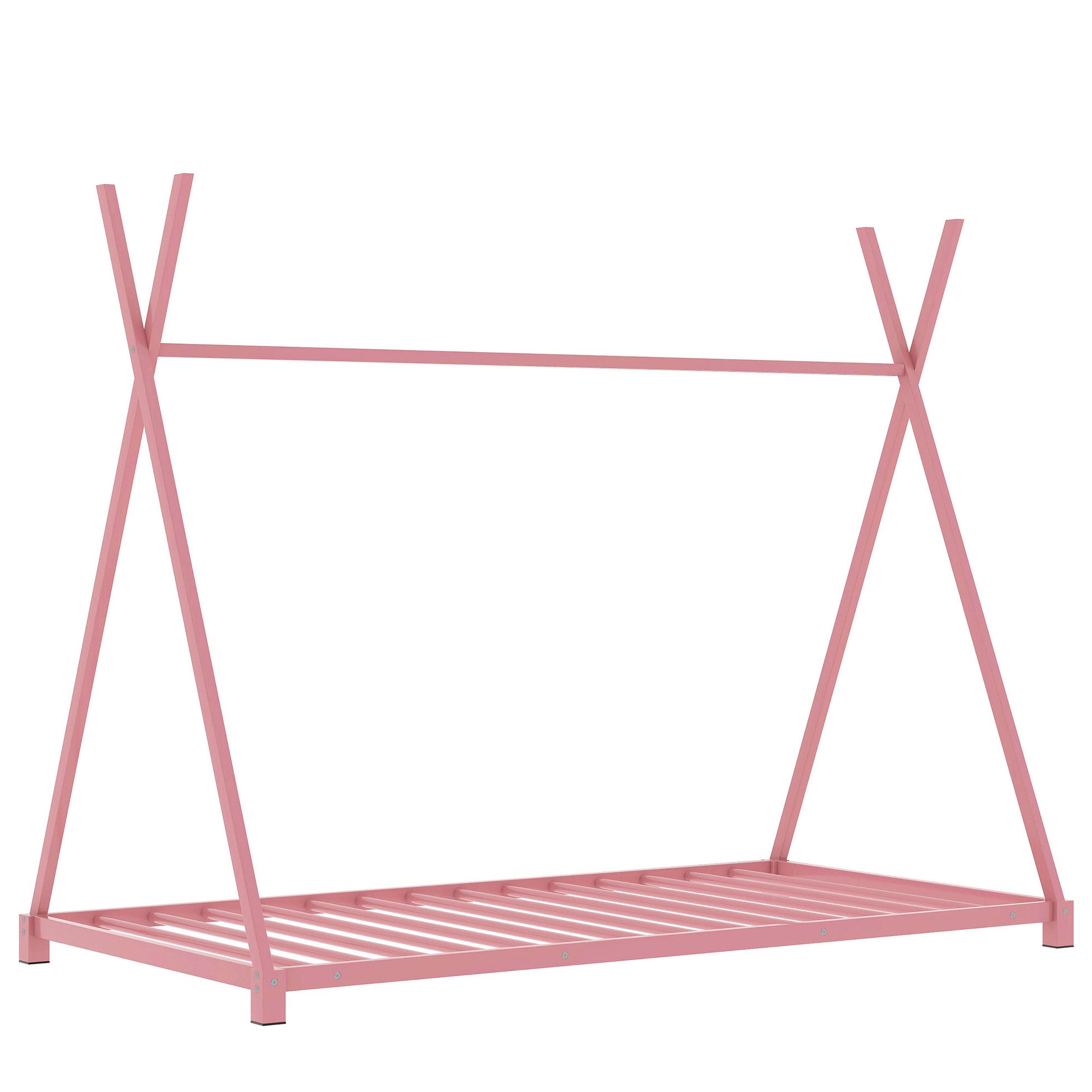 Metal Twin Size House Platform Bed With Triangle Structure, Pink Pink Metal