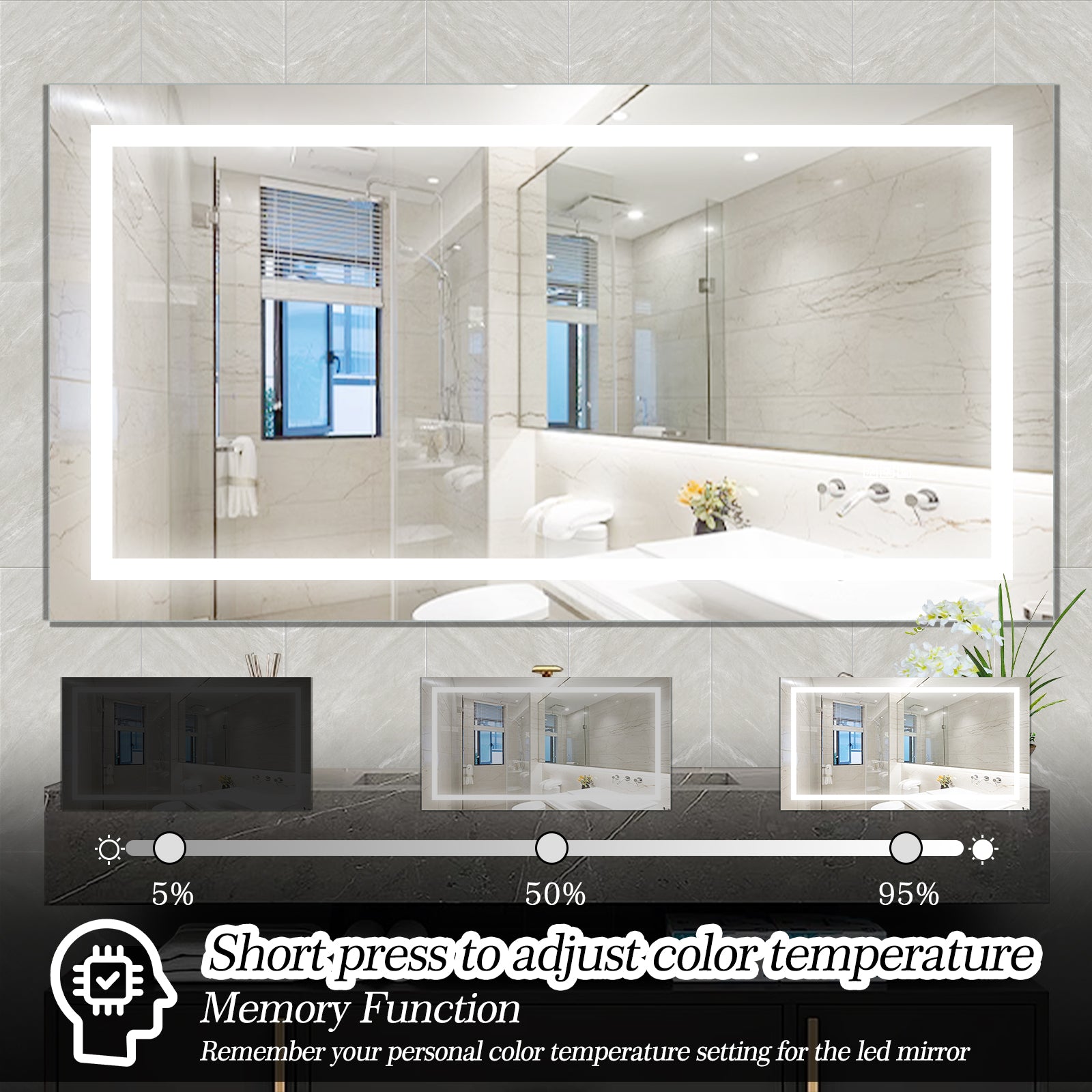 Led Bathroom Mirror 60X 32 Inch With Lights, Anti Fog & Dimming Led Bathroom Vanity Mirror Transparent Glass