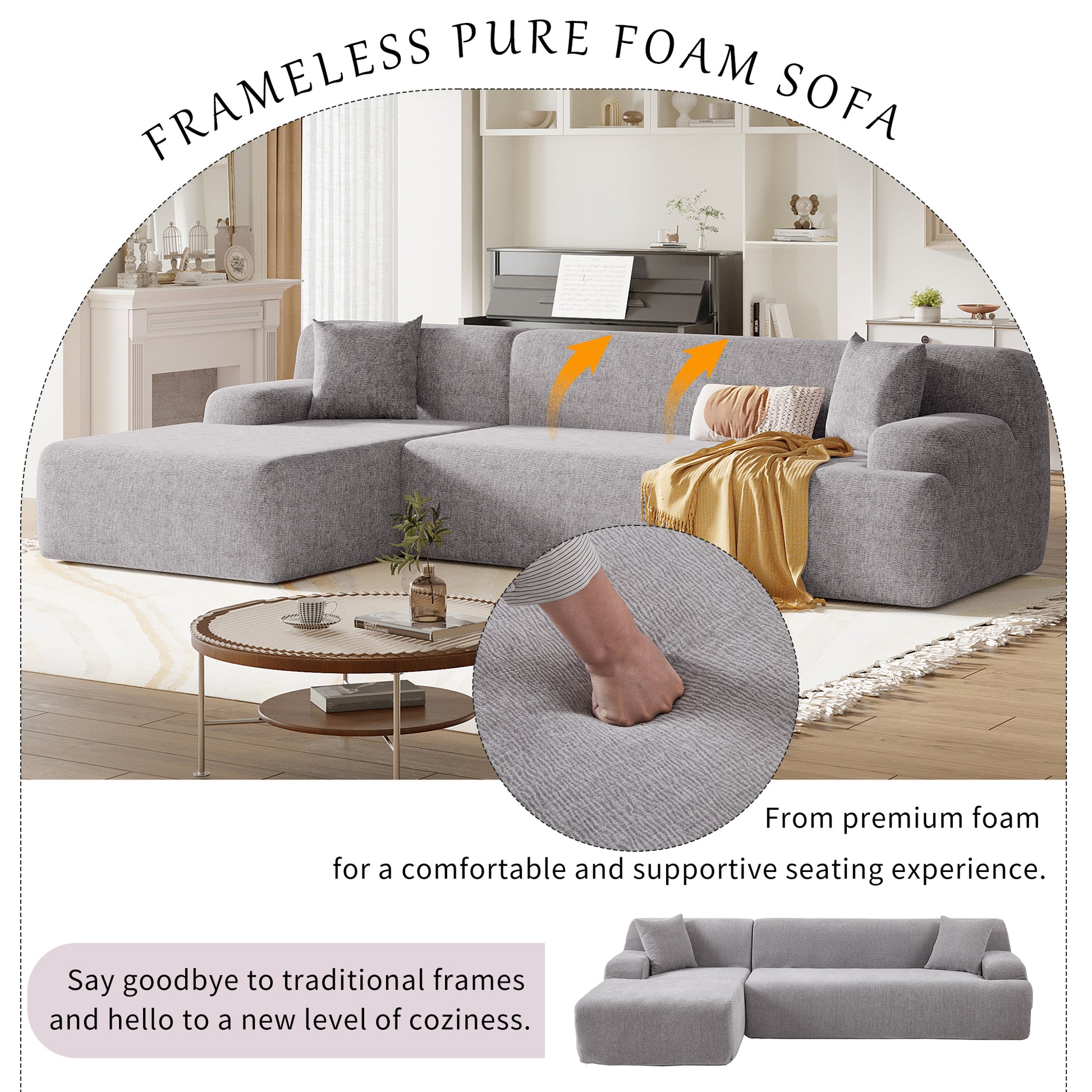 Modern Large L Shape Modular Sectional Sofa For Living Room, Bedroom, Salon, 2 Piece Free Combination, Simplified Style Gray Polyester 3 Seat
