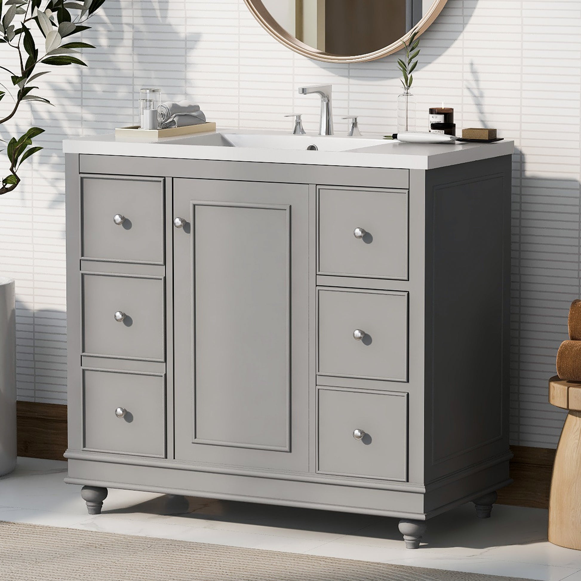 Contemporary Gray Bathroom Vanity Cabinet 36X18X34 Inches, 4 Drawers & 1 Cabinet Door, Multipurpose Storage, Resin Integrated Sink, Adjustable Shelves, Solid Wood Frame With Mdf Gray Modern Solid Wood Mdf Resin