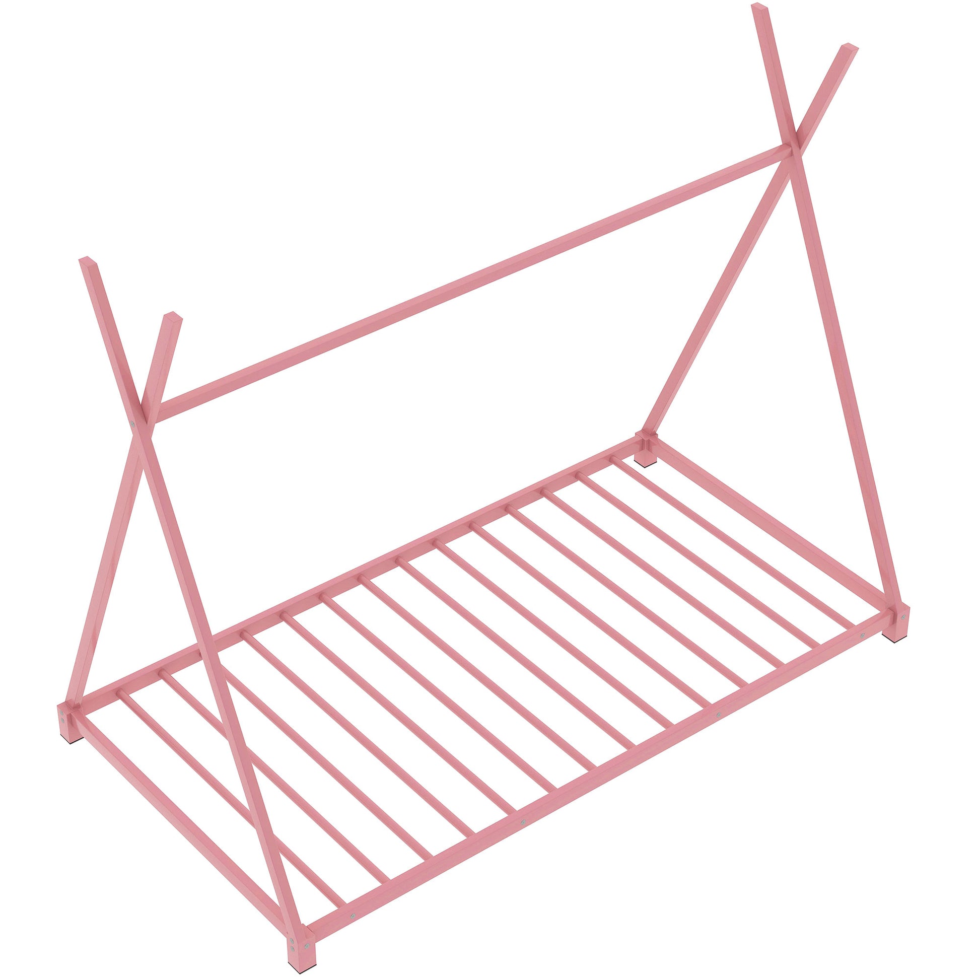 Metal Twin Size House Platform Bed With Triangle Structure, Pink Pink Metal