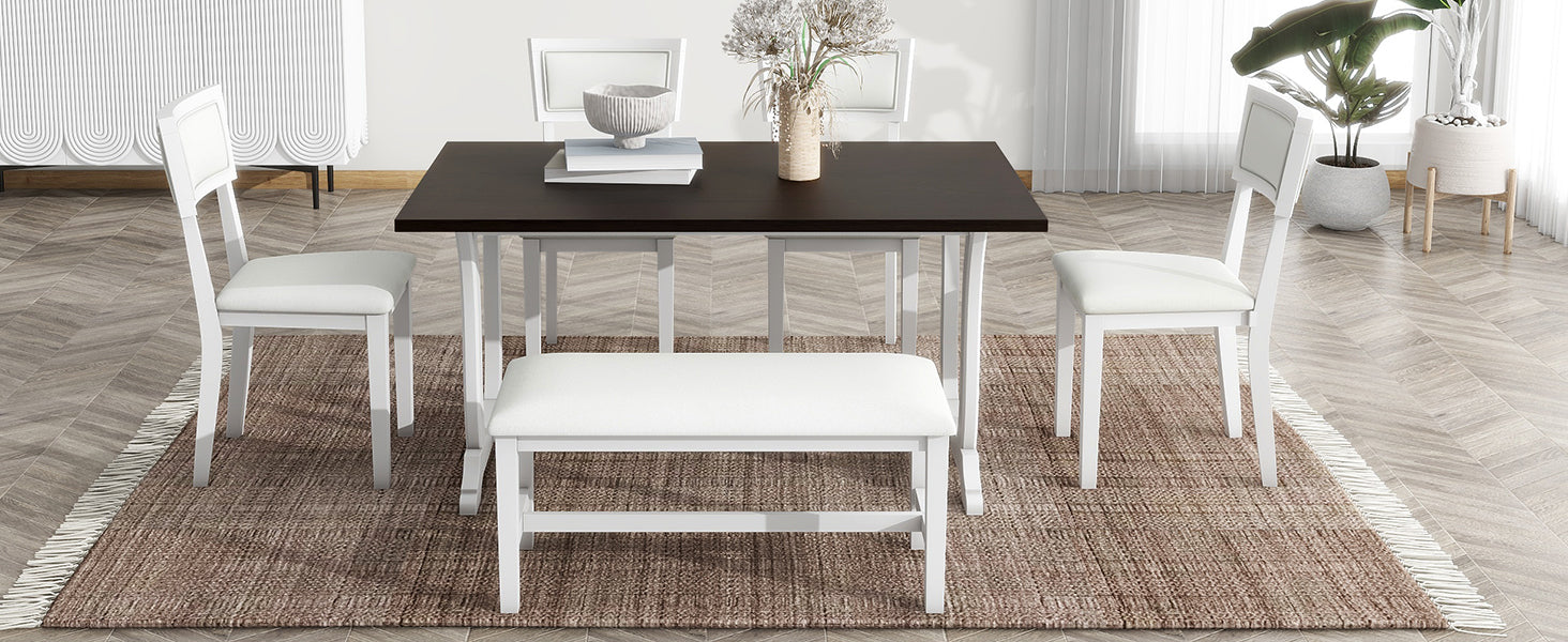 Farmhouse 6 Piece Trestle Dining Table Set With Upholstered Dining Chairs And Bench, 59Inch, White White Wood Dining Room Solid Wood Rubberwood Rectangular Dining Table With Chair And Bench Upholstered Chair Wood White Seats 6 Farmhouse Trestle Foam
