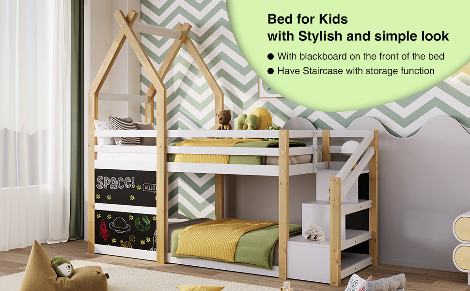 Twin Over Twin House Bunk Bed With White Storage Staircase And 2 Blackboards, White And Natural Box Spring Not Required Twin White Bed Frame Pine