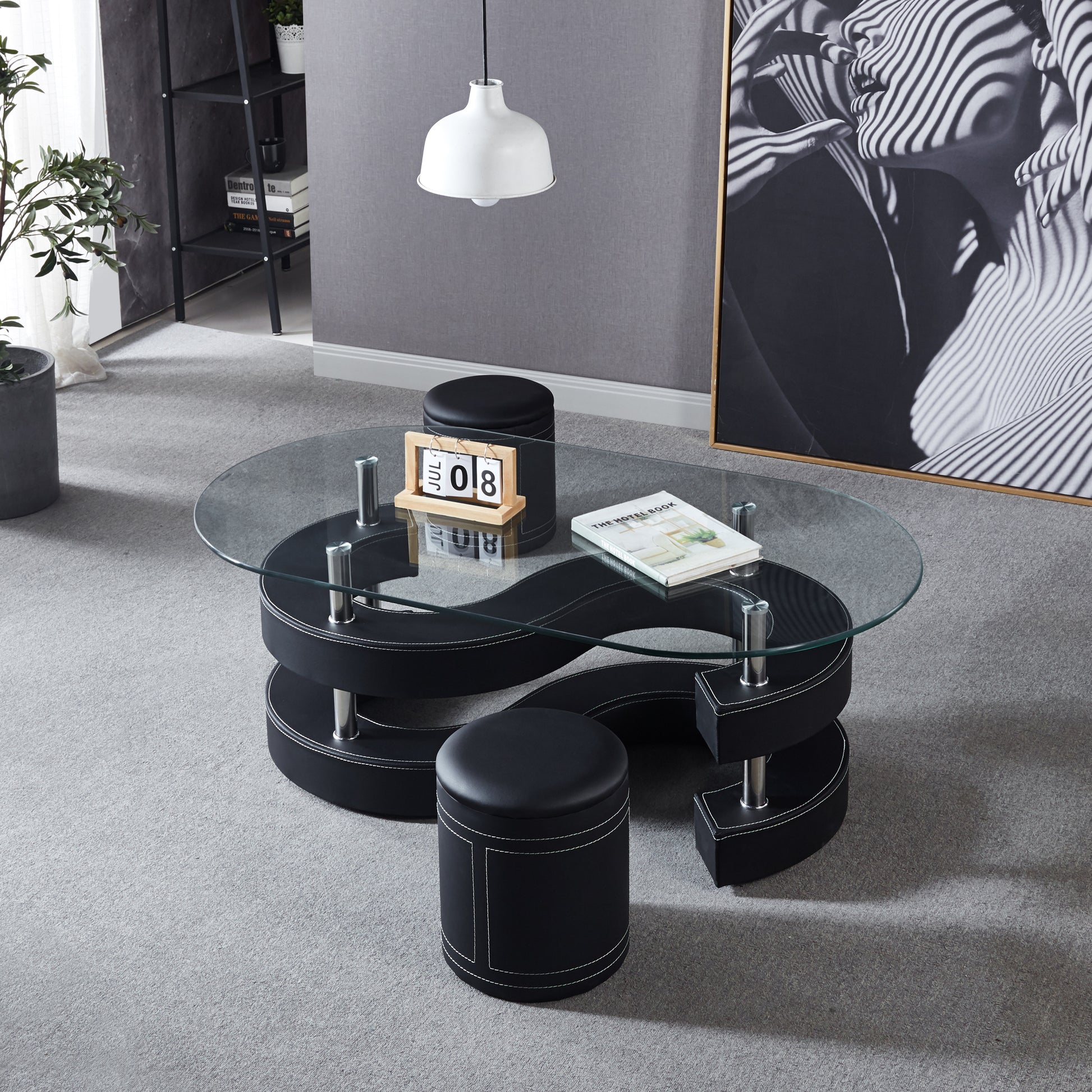 3 Pieces Coffee Table Set, Oval 10Mm 0.39" Thick Tempered Glass Table And 2 Leather Stools Black Tempered Glass