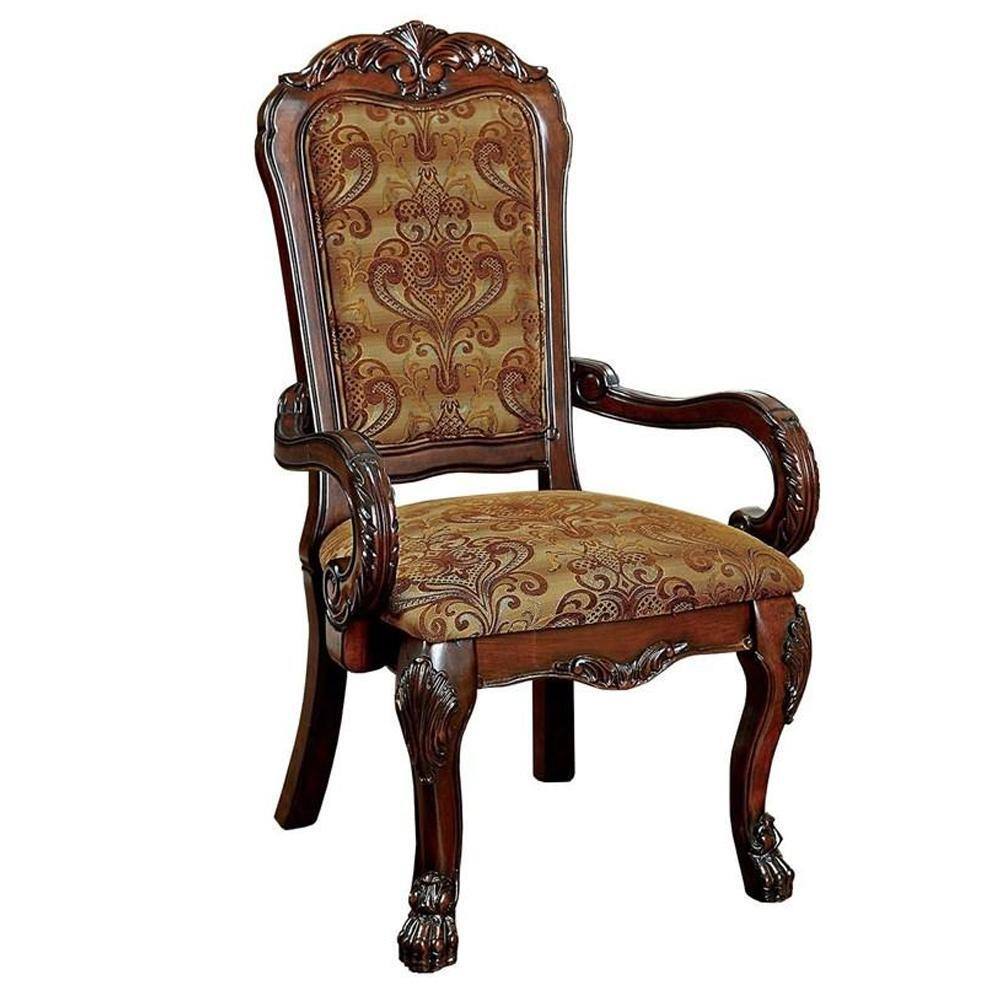 Formal Traditional Cherry Set Of 2Pc Arm Chairs Dining Room Brown Da Print Fabric Solid Wood Dining Chair Cherry Brown Dining Room Antique,Classic,Traditional Arm Chair Rubberwood Solid Wood