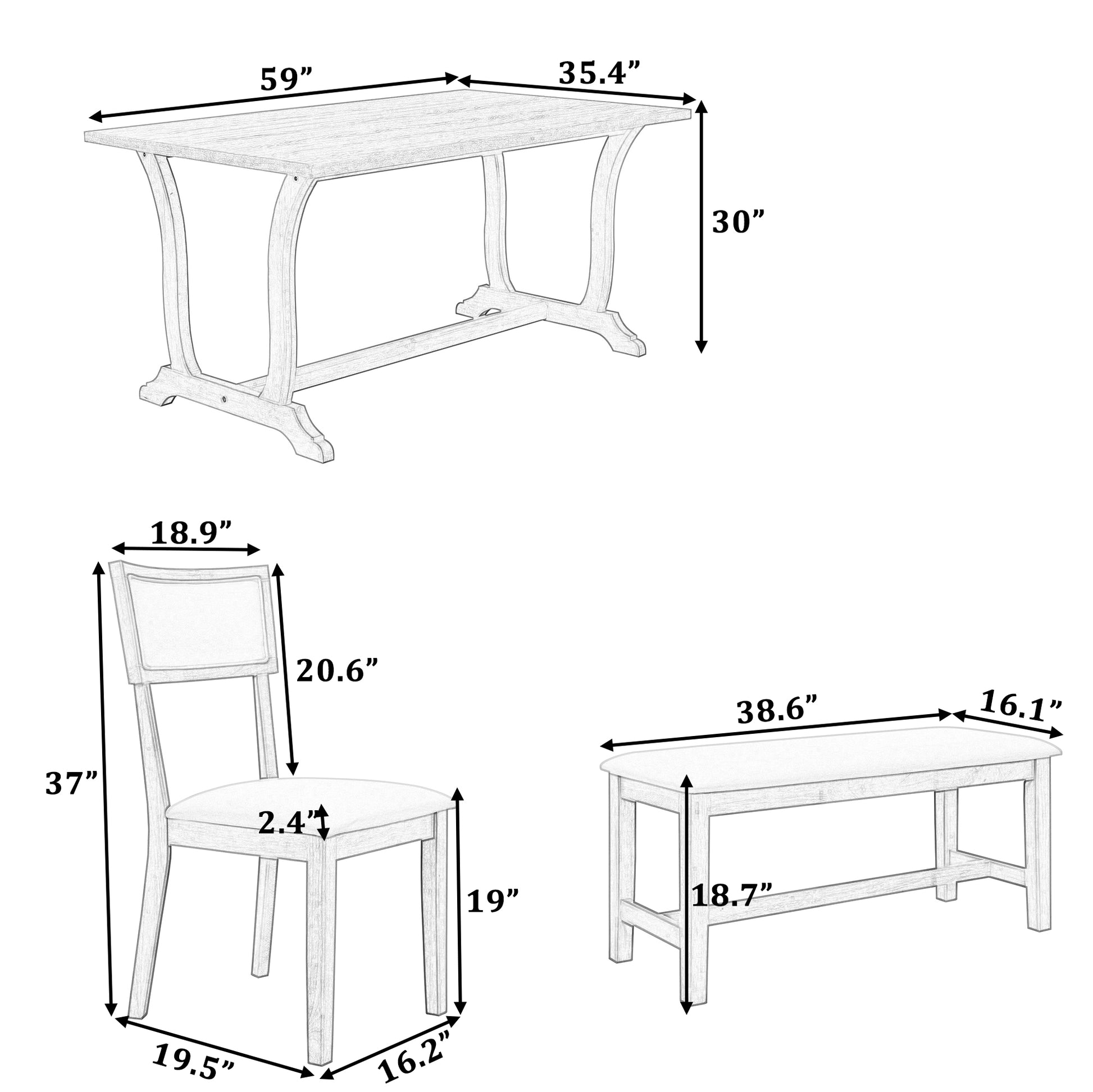 Farmhouse 6 Piece Trestle Dining Table Set With Upholstered Dining Chairs And Bench, 59Inch, White White Wood Dining Room Solid Wood Rubberwood Rectangular Dining Table With Chair And Bench Upholstered Chair Wood White Seats 6 Farmhouse Trestle Foam
