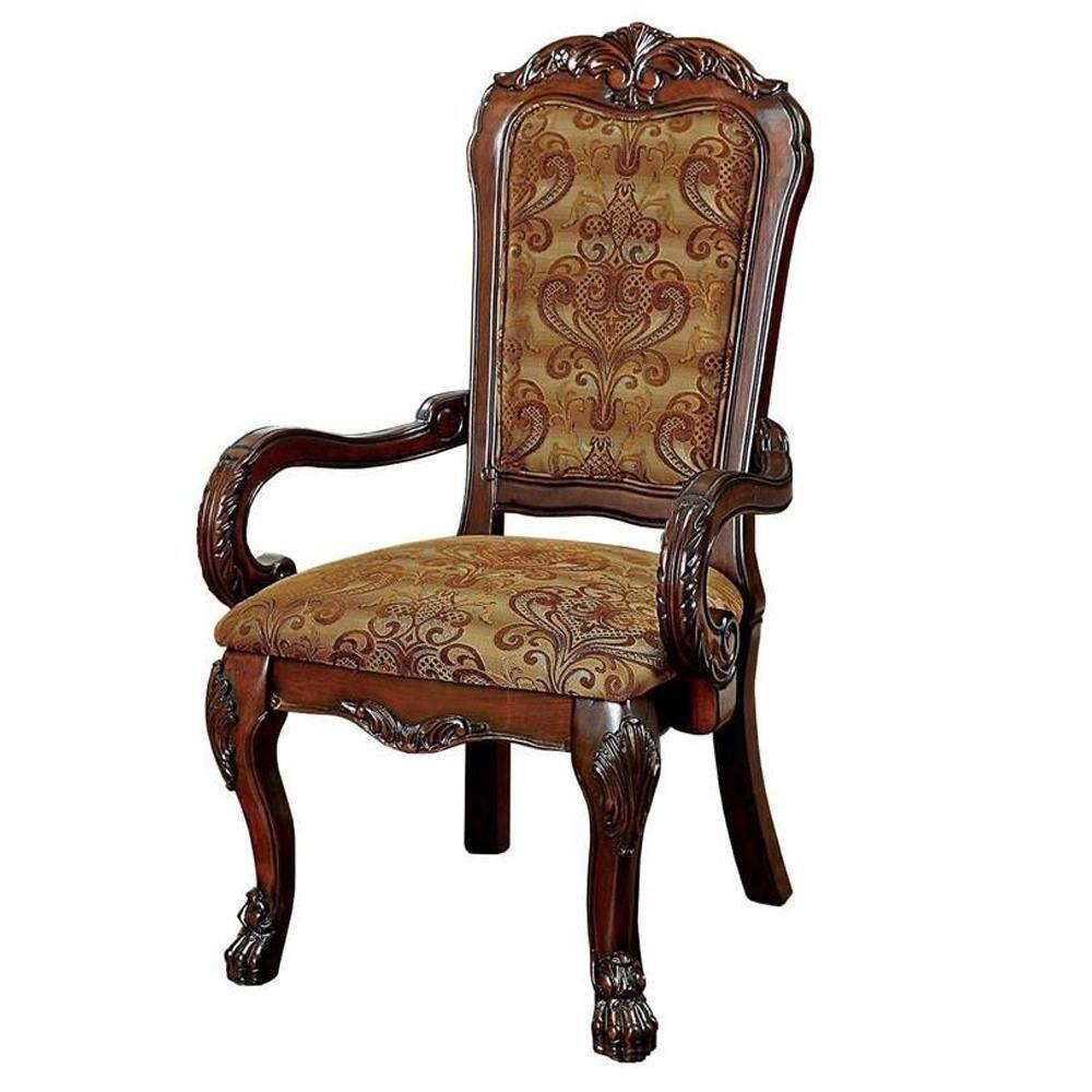 Formal Traditional Cherry Set Of 2Pc Arm Chairs Dining Room Brown Da Print Fabric Solid Wood Dining Chair Cherry Brown Dining Room Antique,Classic,Traditional Arm Chair Rubberwood Solid Wood