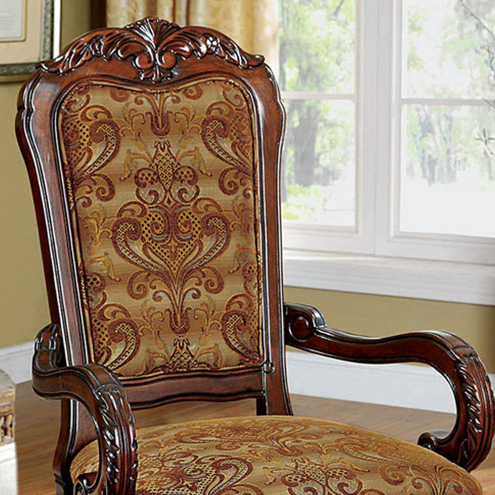 Formal Traditional Cherry Set Of 2Pc Arm Chairs Dining Room Brown Da Print Fabric Solid Wood Dining Chair Cherry Brown Dining Room Antique,Classic,Traditional Arm Chair Rubberwood Solid Wood