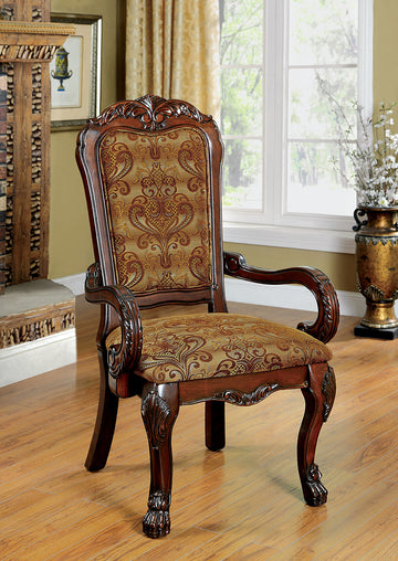 Formal Traditional Cherry Set Of 2Pc Arm Chairs Dining Room Brown Da Print Fabric Solid Wood Dining Chair Cherry Brown Dining Room Antique,Classic,Traditional Arm Chair Rubberwood Solid Wood