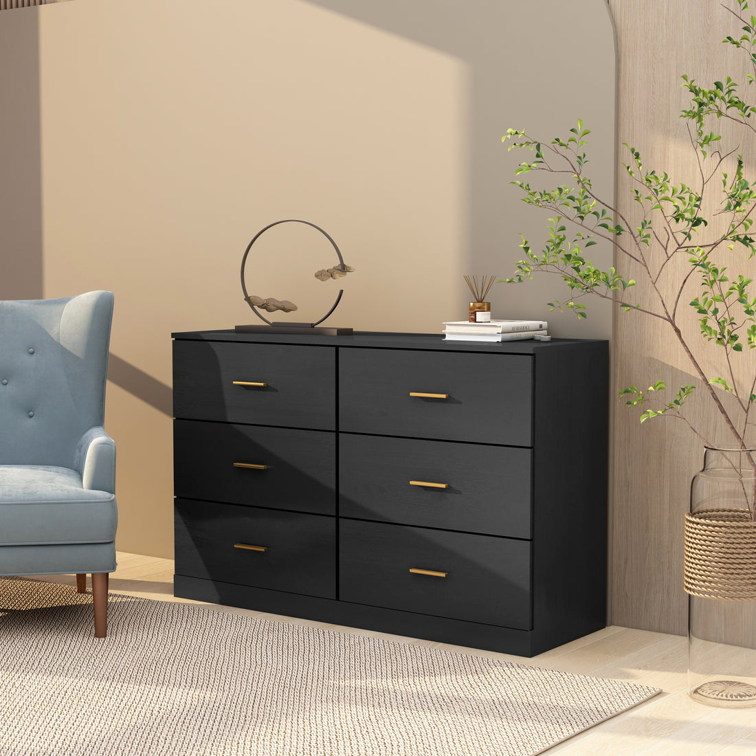 Modern Black 6 Drawer Dresser For Bedroom Large Storage Wide Chest Of Drawers, Sturdy & Safe Chest 5 Or More Drawers Gloss Black Primary Living Space Drawers Included American Design,Contemporary,Modern Melamine Engineered Wood