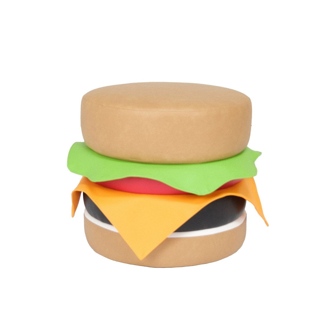 Multi Color Faux Leather Cheeseburger Ottoman, Modern Round Ottoman For Living Room, Bedroom And Apartment With Solid Wood Frame Multi Wood Foam Vinyl