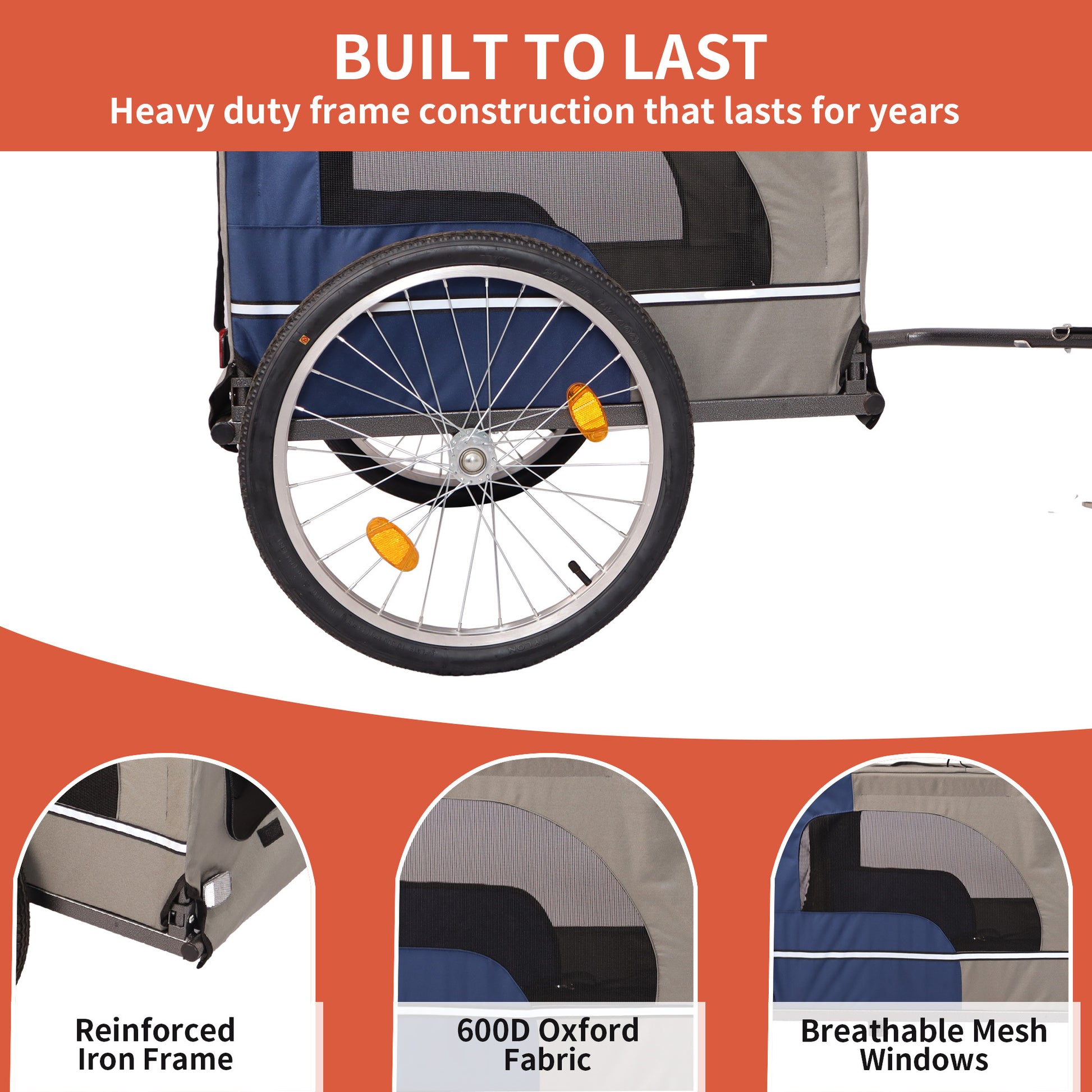 Tangkula Dog Bike Trailer,Mesh Dog Cart With 3 Entrances, Safety Flag, 8 Reflectors, Folding Pet Carrier Wagon With 20 Inch Wheels, Bicycle Carrier For Medium And Small Sized Dogs Blue Grey Fabric Steel