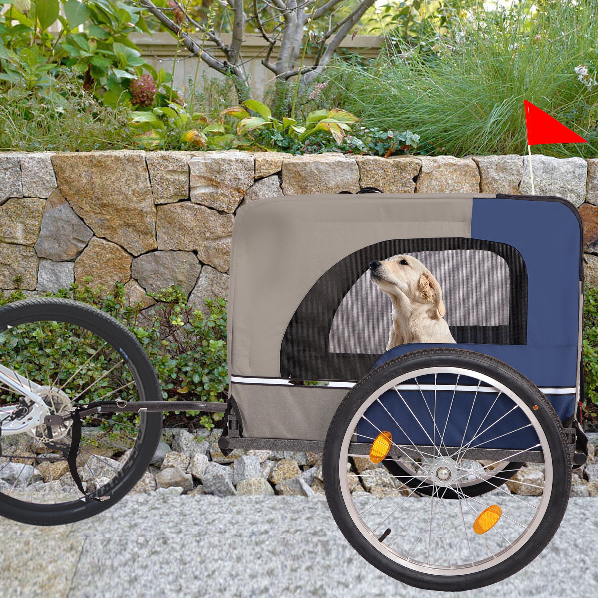 Tangkula Dog Bike Trailer,Mesh Dog Cart With 3 Entrances, Safety Flag, 8 Reflectors, Folding Pet Carrier Wagon With 20 Inch Wheels, Bicycle Carrier For Medium And Small Sized Dogs Blue Grey Fabric Steel