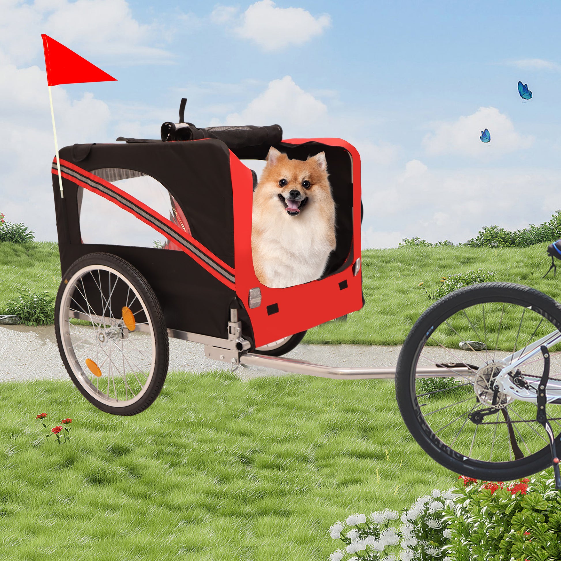 Outdoor Heavy Duty Foldable Utility Pet Stroller Dog Carriers Bicycle Trailer Black Red Fabric Steel