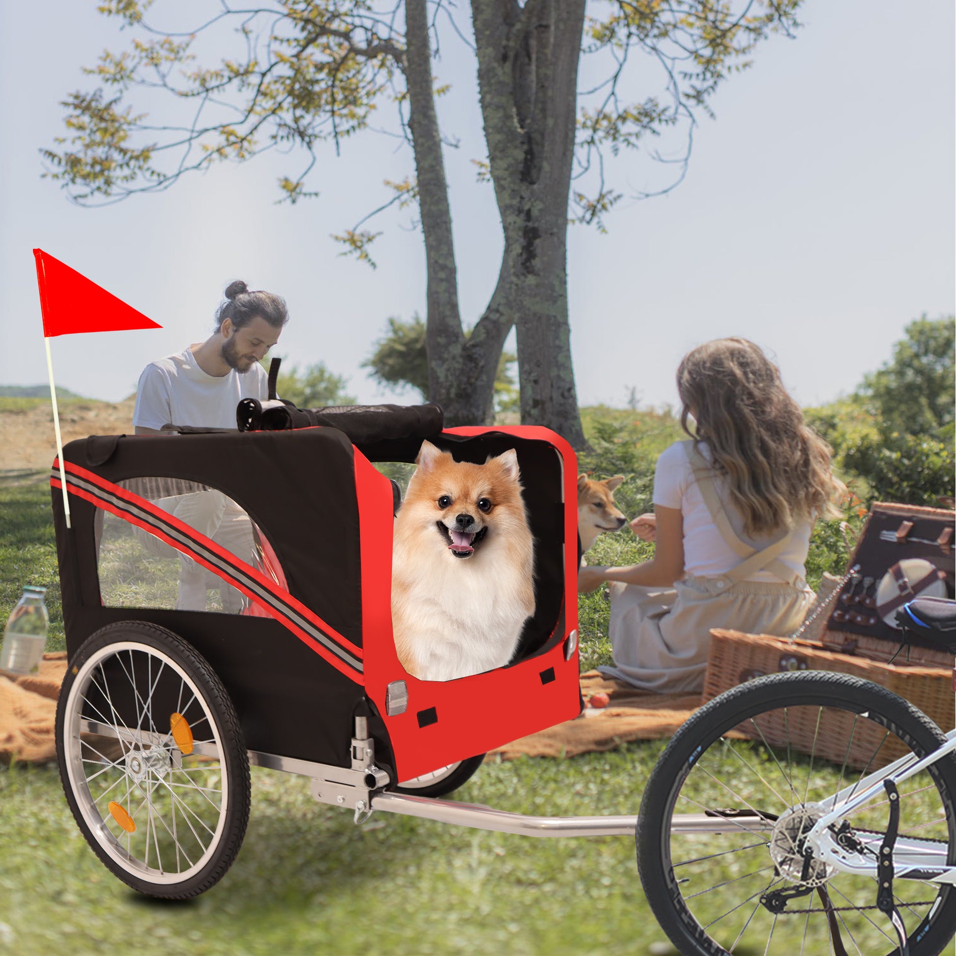 Outdoor Heavy Duty Foldable Utility Pet Stroller Dog Carriers Bicycle Trailer Black Red Fabric Steel