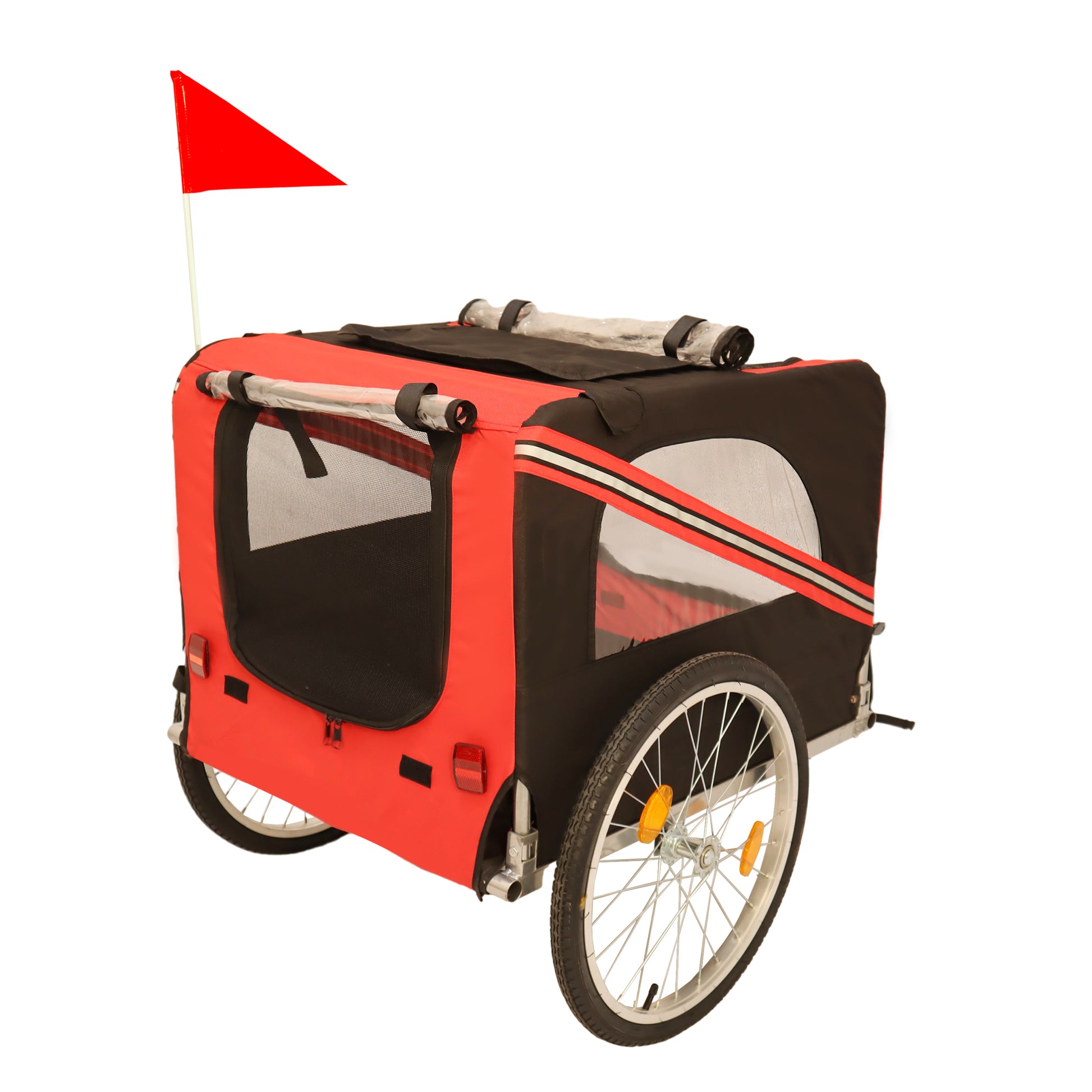 Outdoor Heavy Duty Foldable Utility Pet Stroller Dog Carriers Bicycle Trailer Black Red Fabric Steel