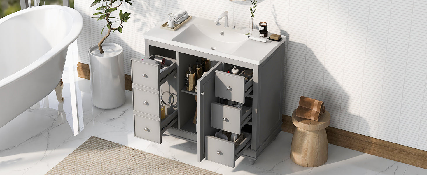 Contemporary Gray Bathroom Vanity Cabinet 36X18X34 Inches, 4 Drawers & 1 Cabinet Door, Multipurpose Storage, Resin Integrated Sink, Adjustable Shelves, Solid Wood Frame With Mdf Gray Modern Solid Wood Mdf Resin