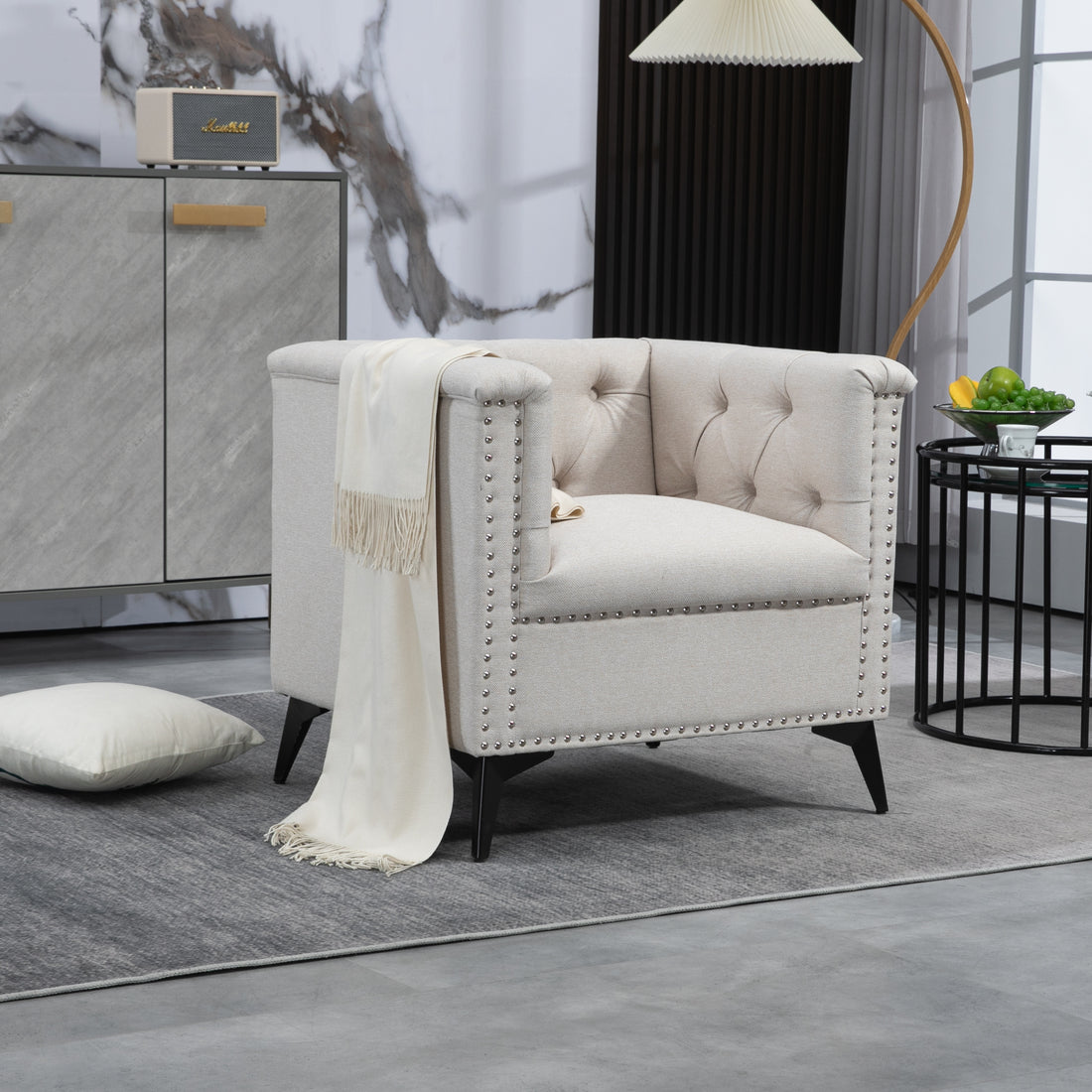 Accent Chair Living Room Chairs Single Sofa Chair,Arm Chairs With Linen Fabric, Mid Century Accent Arm Chairs Comfy Reading Lounge Club Armchair For Bedroom Office Study Beige Metal
