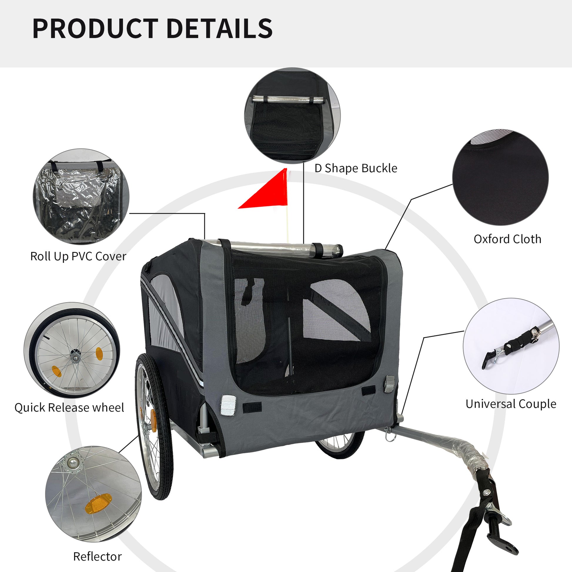 Outdoor Heavy Duty Foldable Utility Pet Stroller Dog Carriers Bicycle Trailer Black Gray Fabric Steel