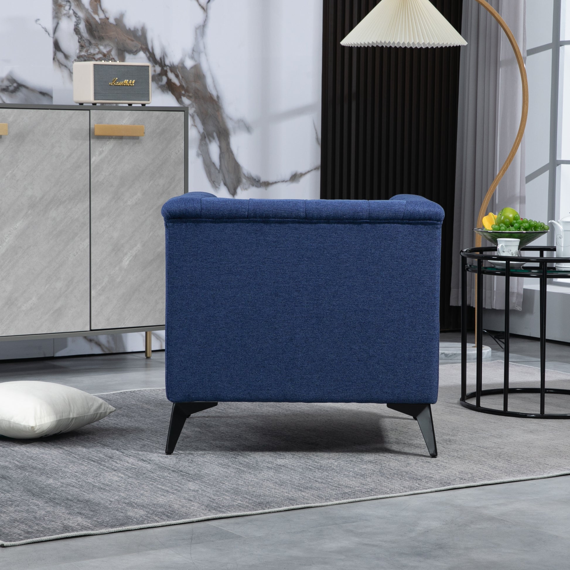 Accent Chair Living Room Chairs Single Sofa Chair,Arm Chairs With Linen Fabric, Mid Century Accent Arm Chairs Comfy Reading Lounge Club Armchair For Bedroom Office Study Blue Metal