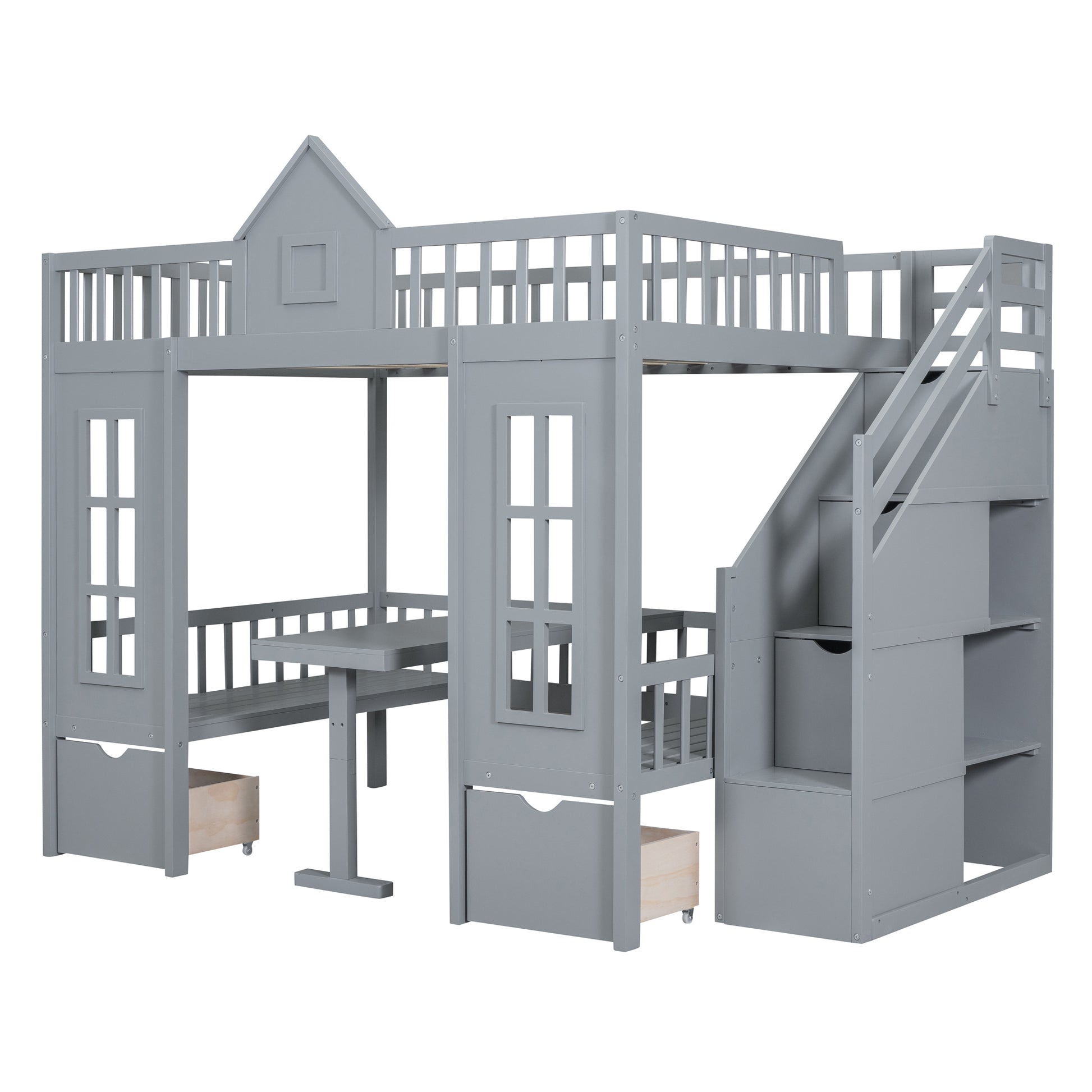 Full Over Full Bunk Bed With Changeable Table, Bunk Bed Turn Into Upper Bed And Down Desk Gray Full Gray Solid Wood