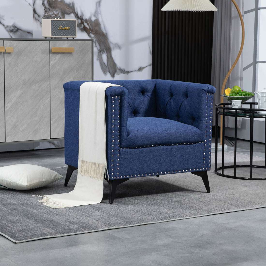 Accent Chair Living Room Chairs Single Sofa Chair,Arm Chairs With Linen Fabric, Mid Century Accent Arm Chairs Comfy Reading Lounge Club Armchair For Bedroom Office Study Blue Metal