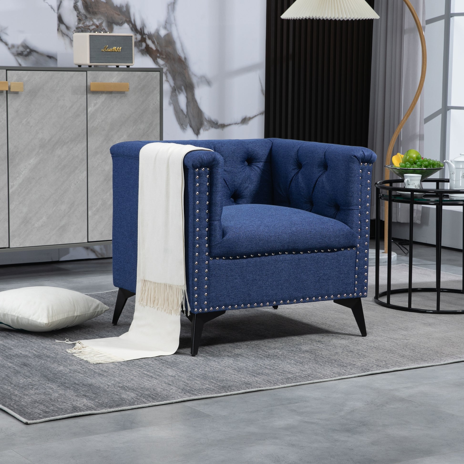 Accent Chair Living Room Chairs Single Sofa Chair,Arm Chairs With Linen Fabric, Mid Century Accent Arm Chairs Comfy Reading Lounge Club Armchair For Bedroom Office Study Blue Metal
