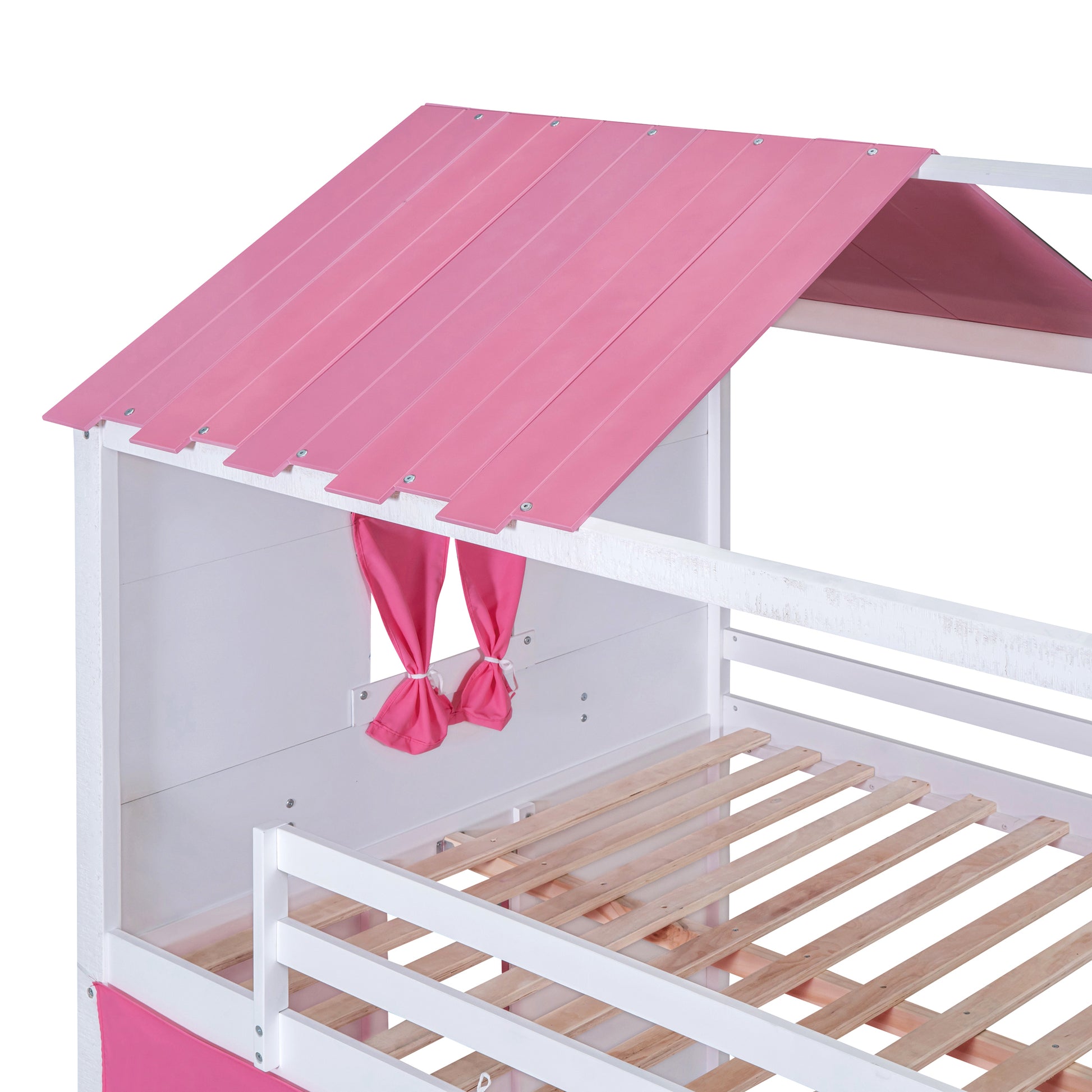 Full Size Bunk Wood House Bed With Elegant Windows, Sills And Tent, Pink White White Pink Solid Wood Mdf