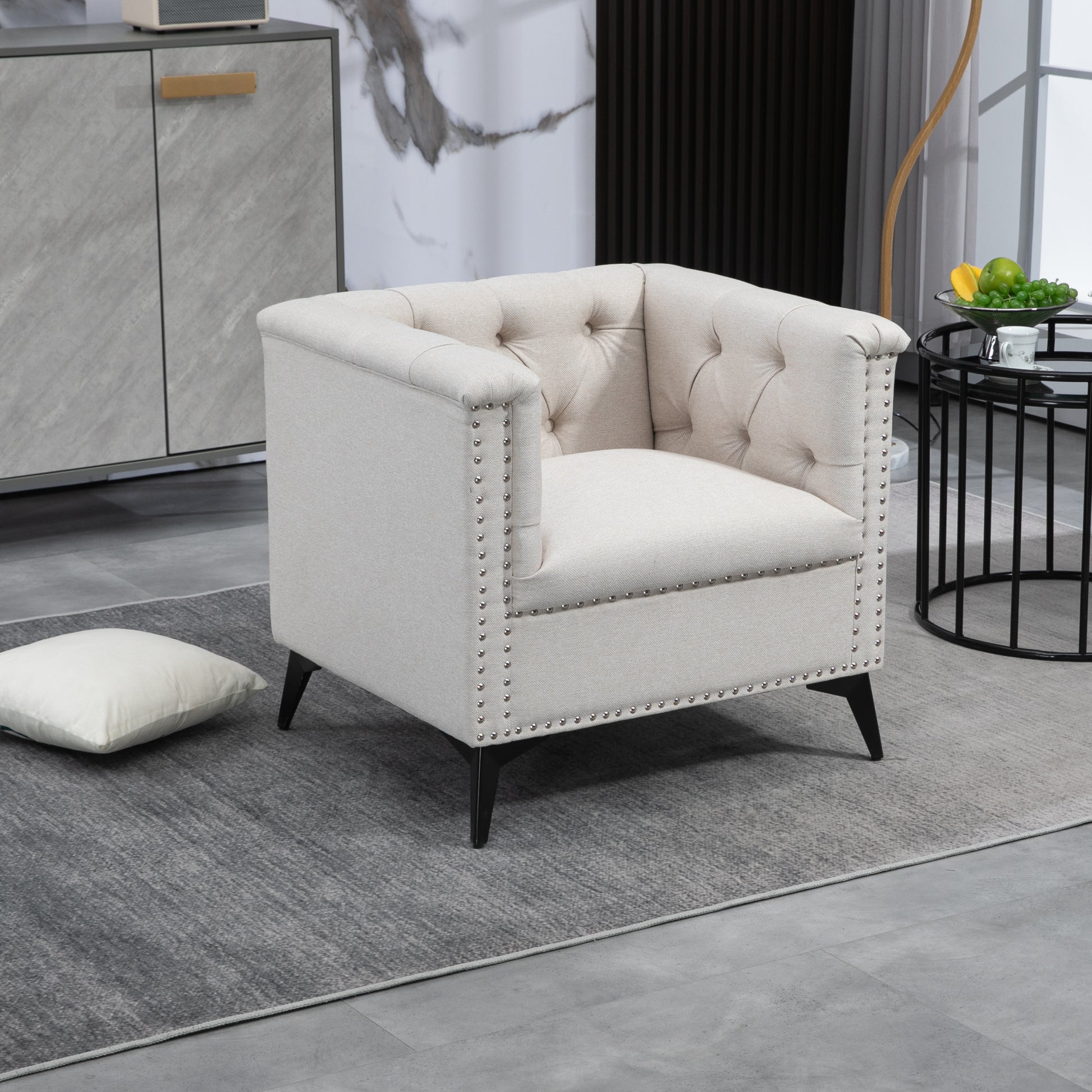 Accent Chair Living Room Chairs Single Sofa Chair,Arm Chairs With Linen Fabric, Mid Century Accent Arm Chairs Comfy Reading Lounge Club Armchair For Bedroom Office Study Beige Metal