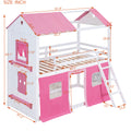 Twin Size Bunk Wood House Bed With Elegant Windows, Sills And Tent, Pink White Twin Pink White Solid Wood Mdf