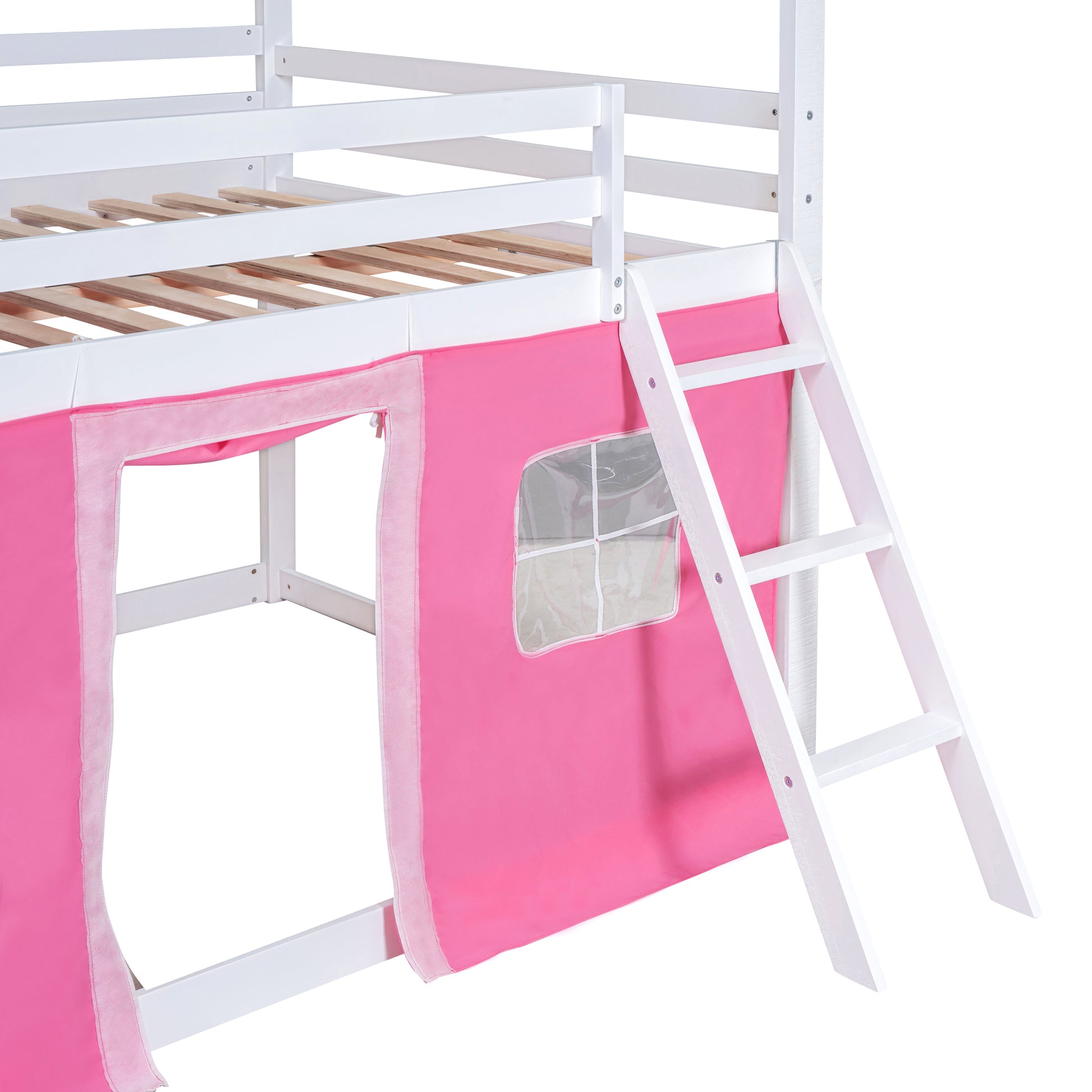 Full Size Bunk Wood House Bed With Elegant Windows, Sills And Tent, Pink White White Pink Solid Wood Mdf