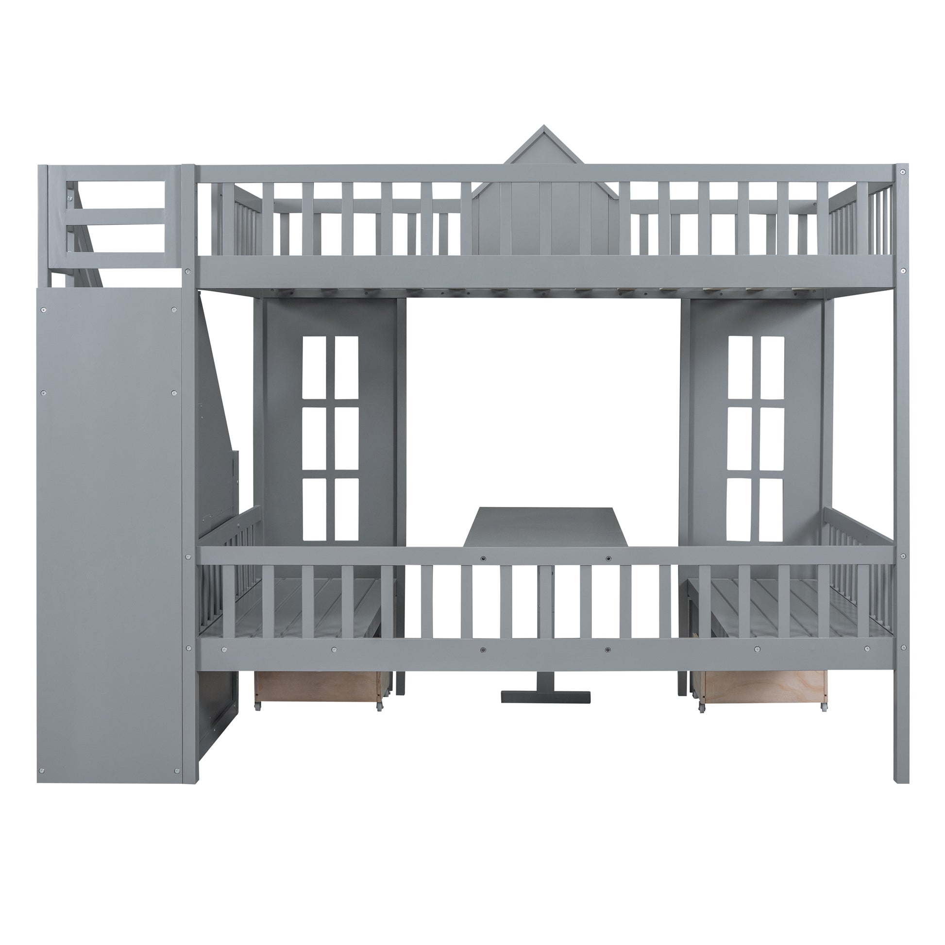 Full Over Full Bunk Bed With Changeable Table, Bunk Bed Turn Into Upper Bed And Down Desk Gray Full Gray Solid Wood