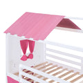 Twin Size Bunk Wood House Bed With Elegant Windows, Sills And Tent, Pink White Twin Pink White Solid Wood Mdf