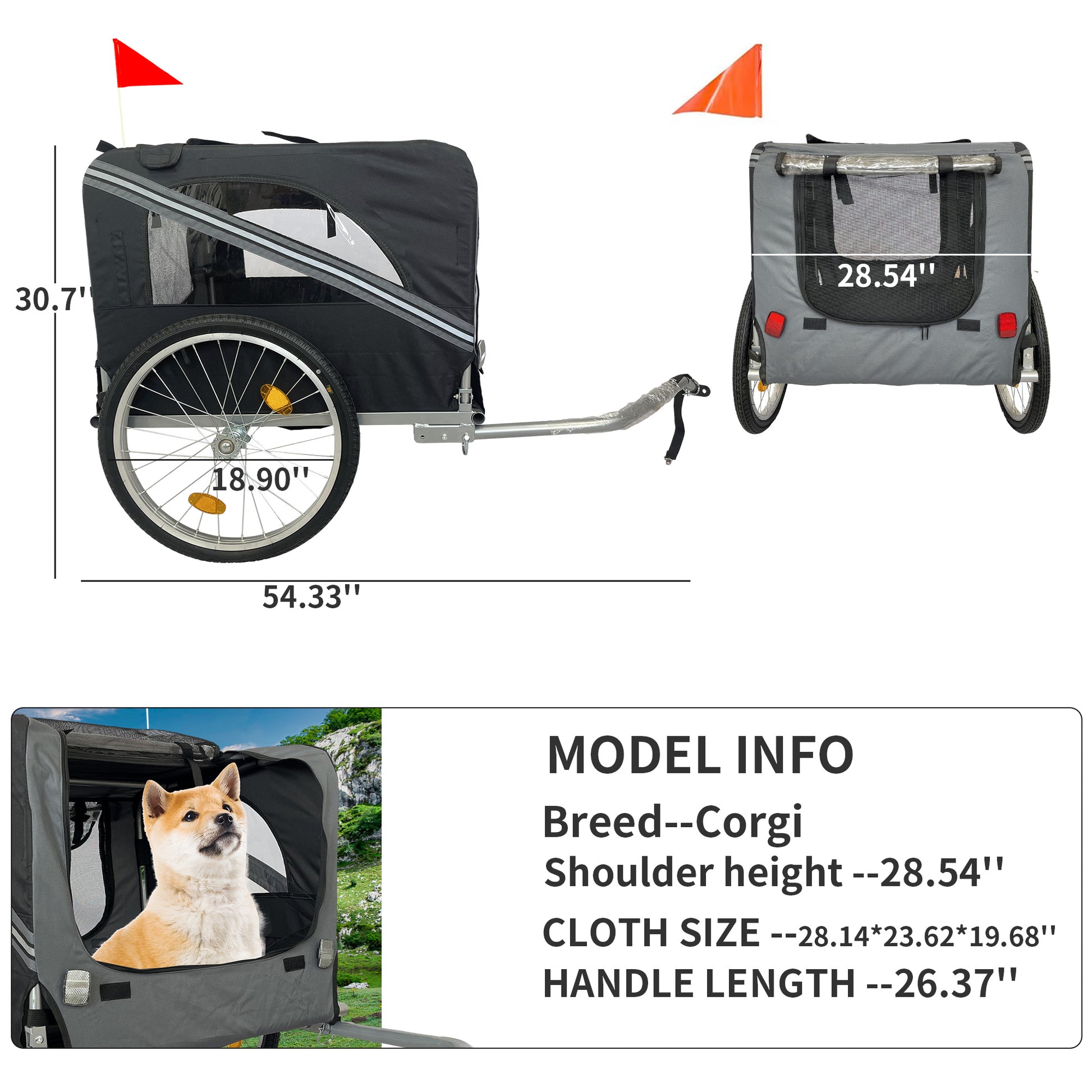Outdoor Heavy Duty Foldable Utility Pet Stroller Dog Carriers Bicycle Trailer Black Gray Fabric Steel